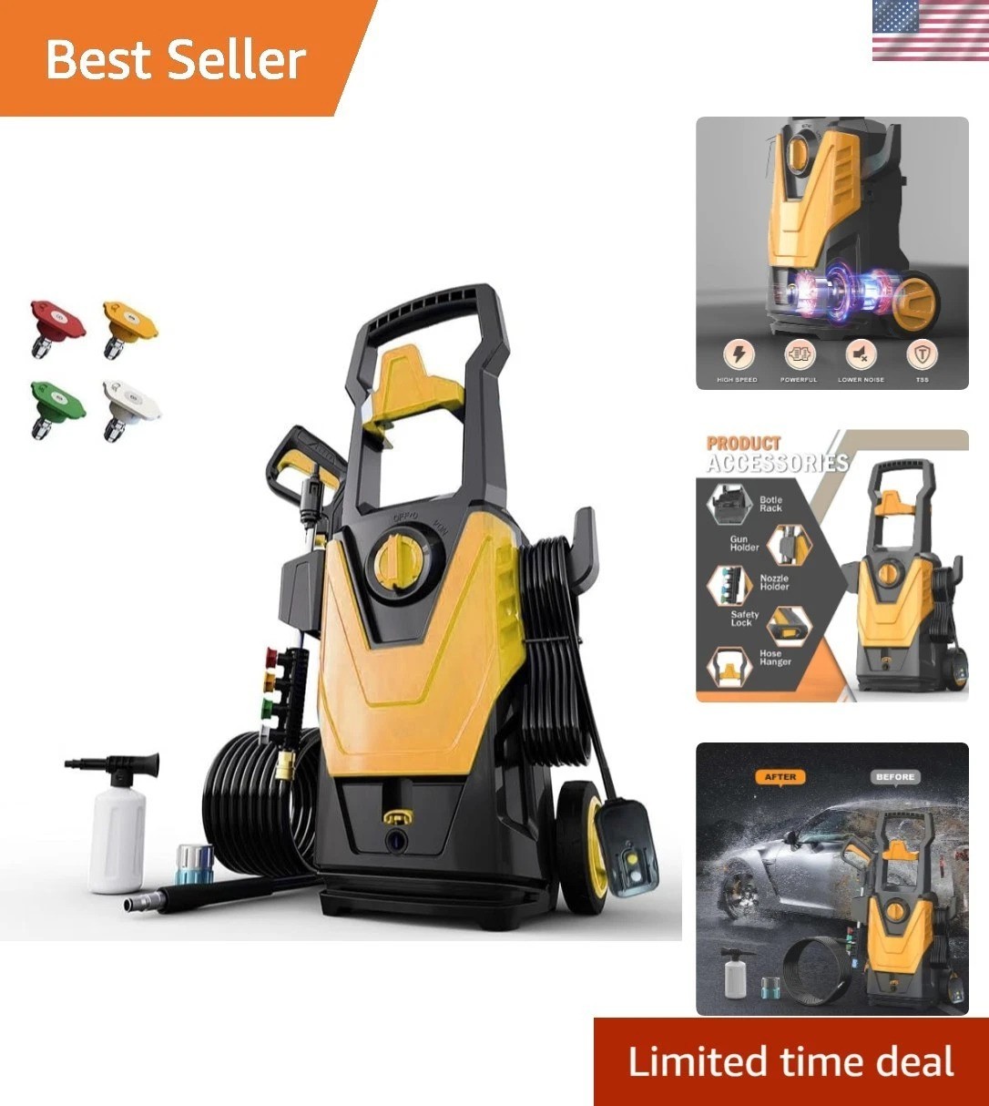 Yellow 5000PSI Power Washer for Cars, Patios, and More – Multi-Purpose Cleaning