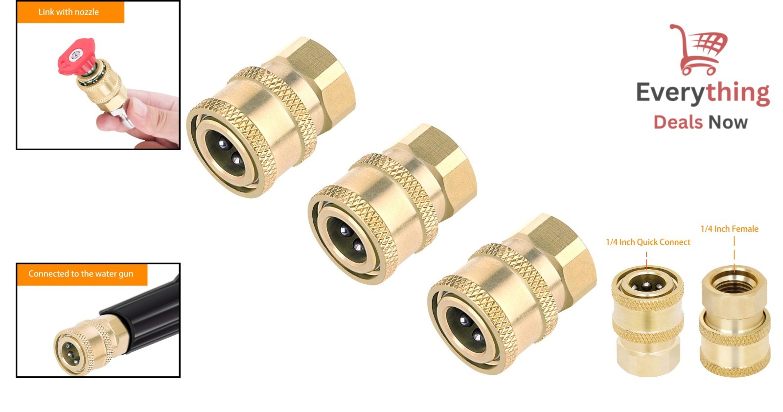 3 Pack Brass Pressure Washer Coupler 1/4 Inch Quick Connect Female NPT Fitting