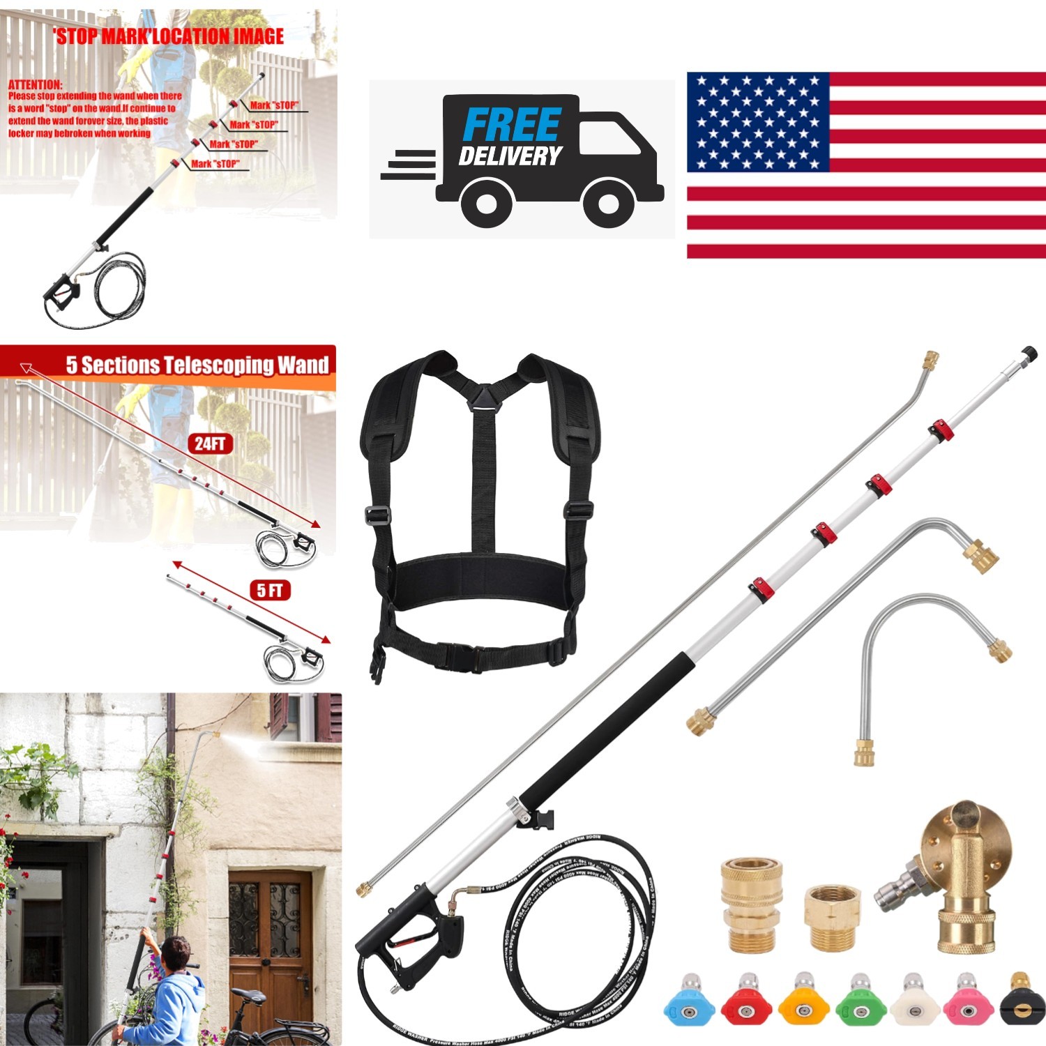 Aluminum Telescoping Pressure Washer Wand 24 Feet with 3 Extension Curved Wands
