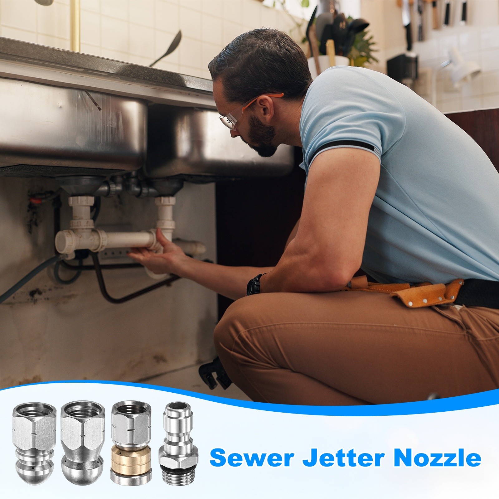4-Pack 1 Front and 3 Rear Jets Sewer Jetter Nozzle Tips, G1/4 Connector