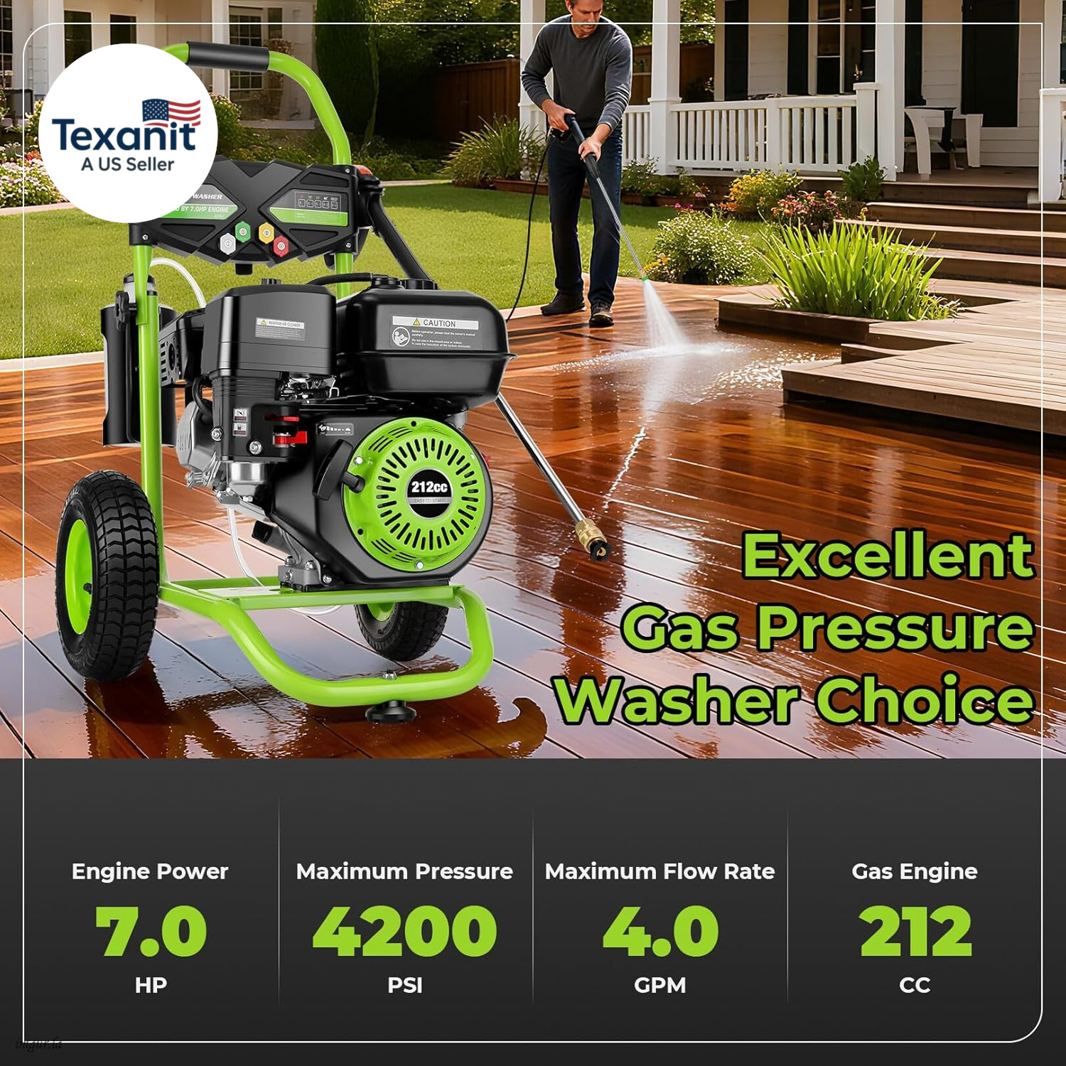 Professional 4200PSI 4GPM 212CC Gas Exterior Cleaner, 7.0HP Commercial Washing M