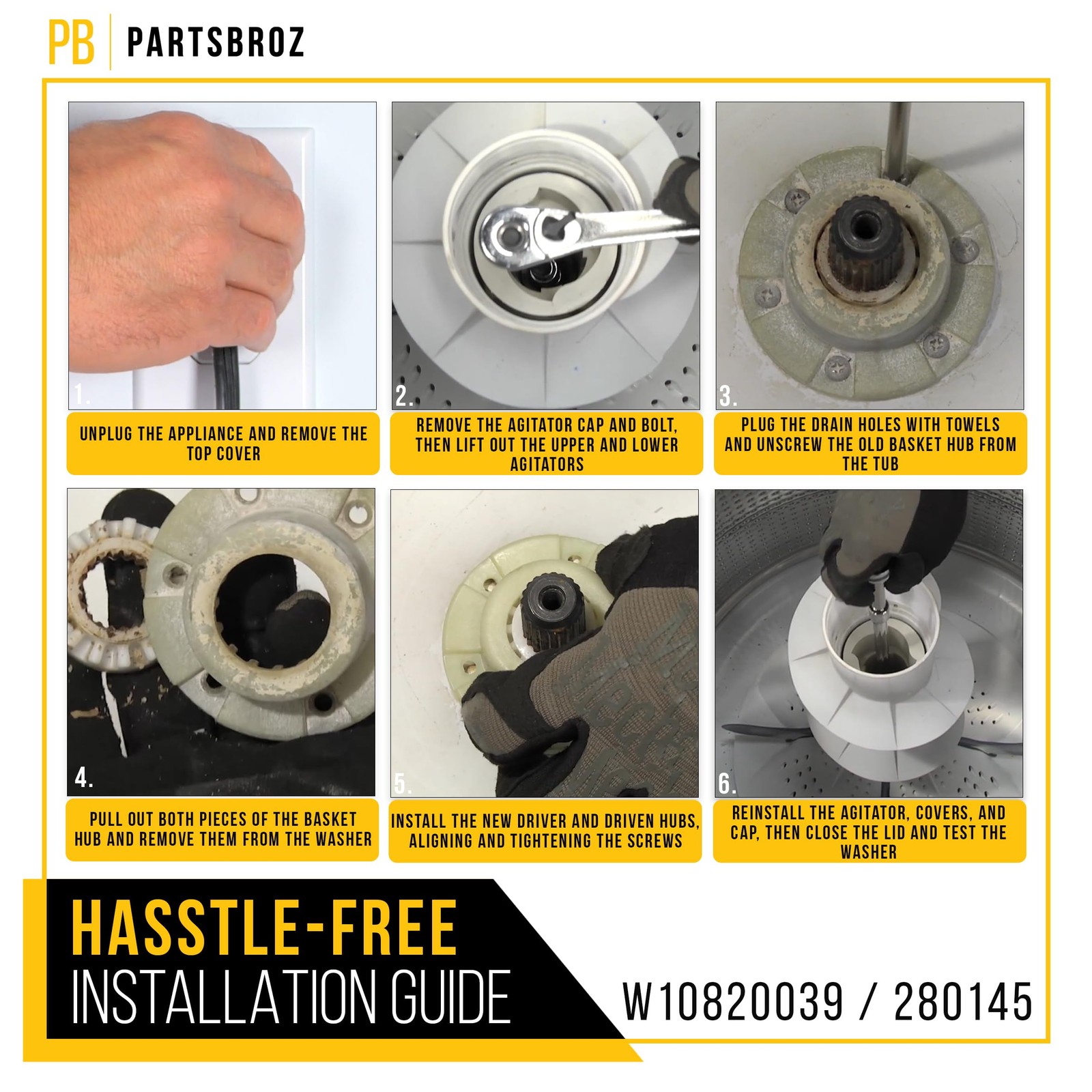 W10820039 Washer Hub Kit 280145 for Whirlpool Cabrio Hub Kit Platinum, Kenmor…