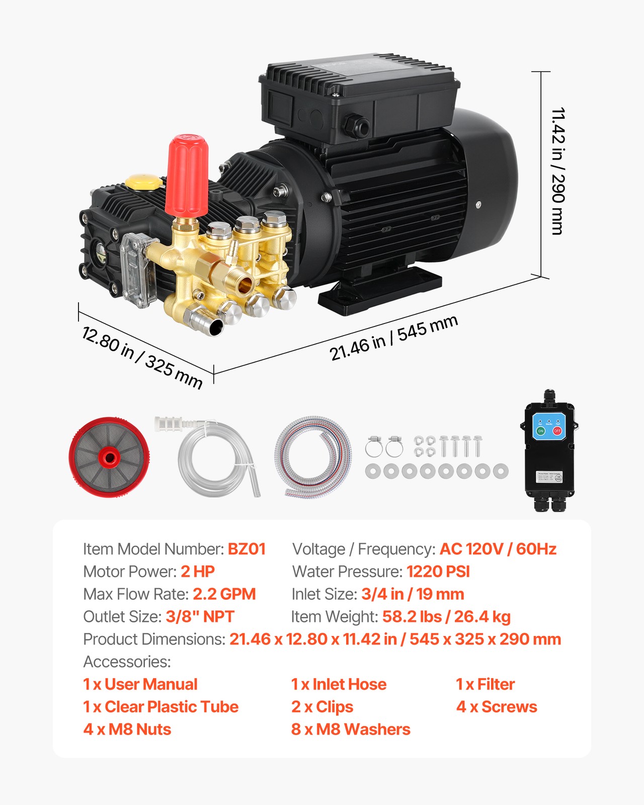 VEVOR Electric Pressure Washer Pump Kit Triplex Power Washer Pump with 2HP Motor