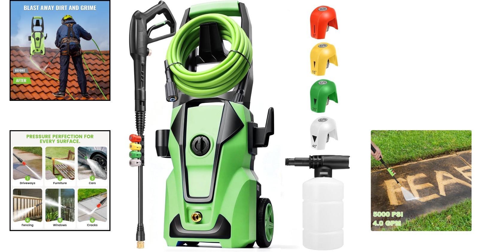 Versatile 5000PSI Pressure Washer – 4 Nozzles & 33FT Flexible Hose Included