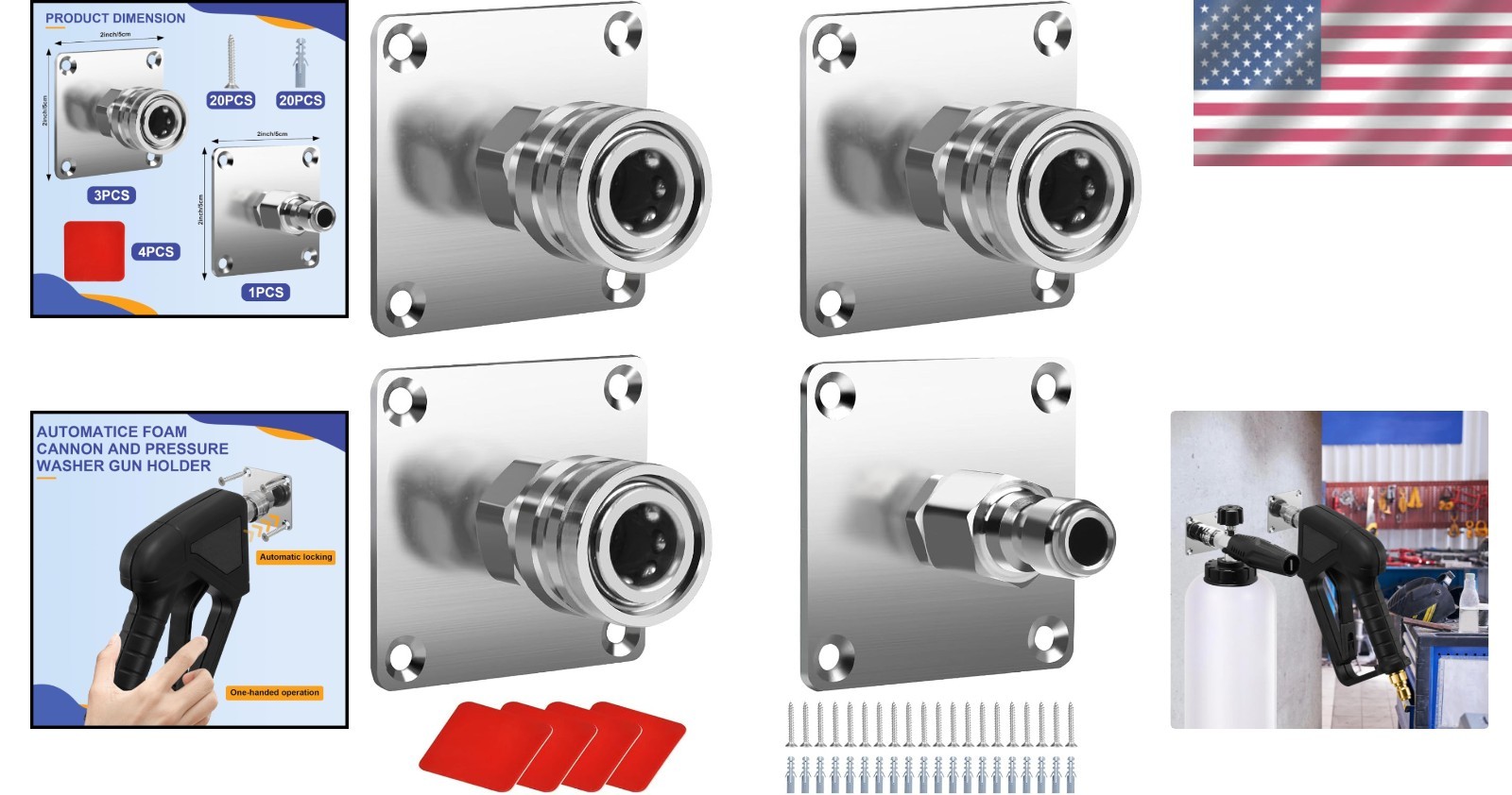 4-Pack Automatic Foam Cannon Holder with 1/4″ Quick Connect – Durable Wall Mount