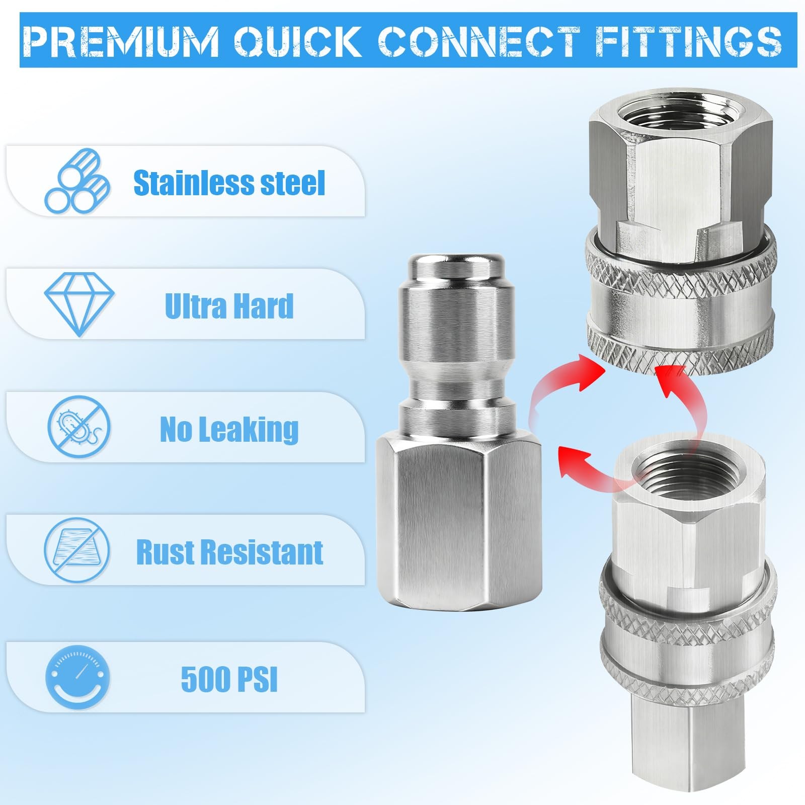 2PCS Pressure Washer Coupler Stainless Steel 3/8Inch Male Quick Connect 5000 PSI