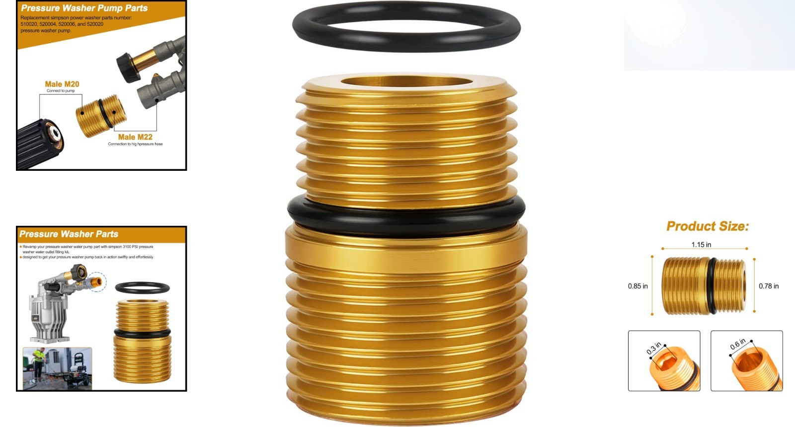 Simpson 3100 PSI Pressure Washer M20 to M22 Male Fitting – Durable Gold Adapter