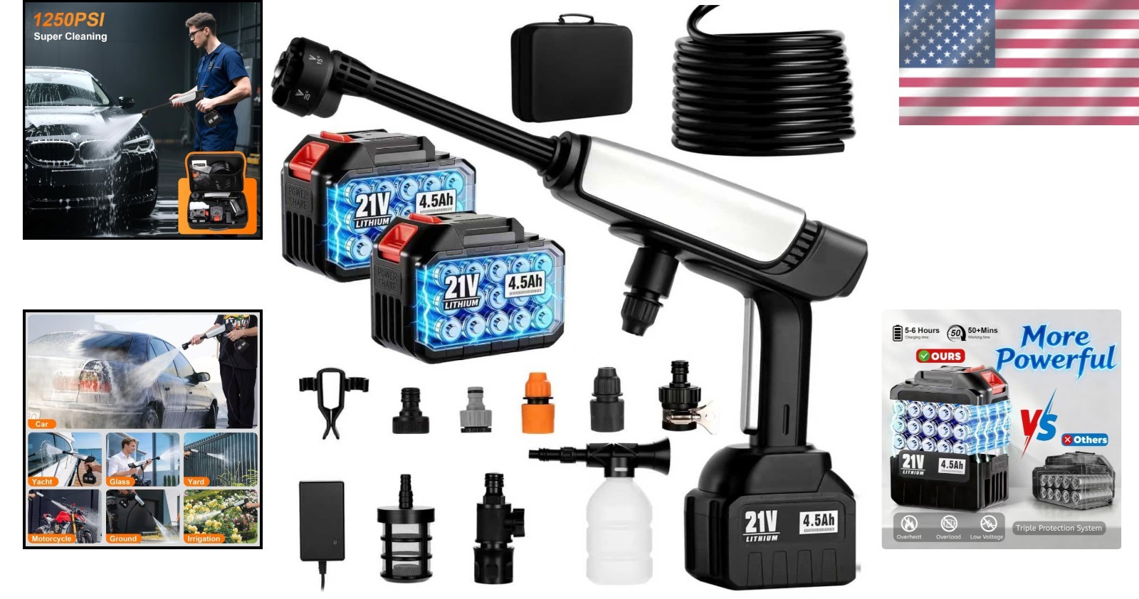 Cordless Power Washer, 2 Batteries, 6-in-1 Nozzle, 1250 PSI