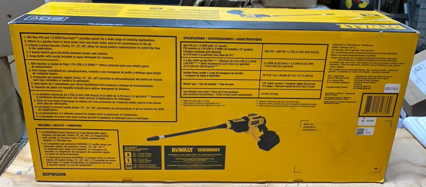 DEWALT DCPW550B 20V 550 PSI Power Cleaner Pressure Washer