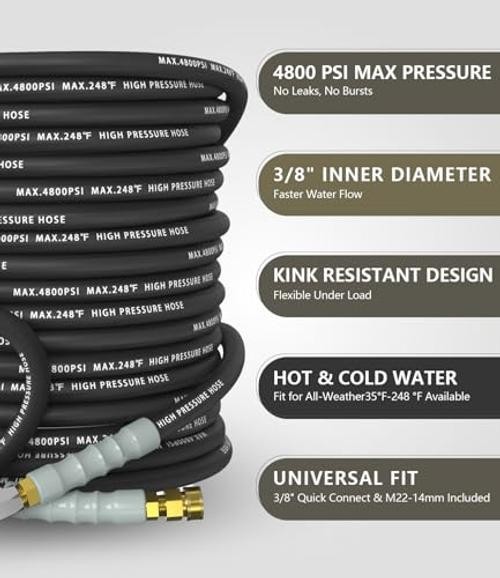 3/8″ Pressure Washer Hose 4800 PSI, Kink Resistant Steel Braided 50FT Black