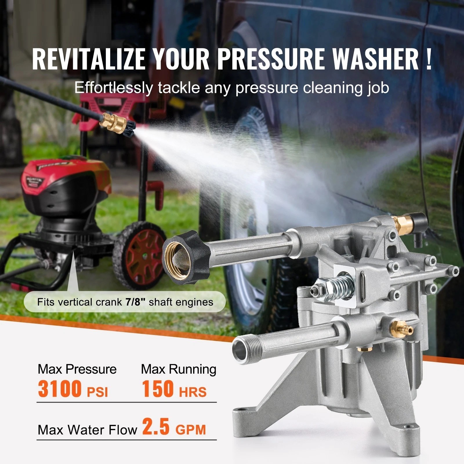 Pressure Washer Pump 7/8″ Shaft Vertical 3100 PSI 2.5GPM with 5 Nozzles