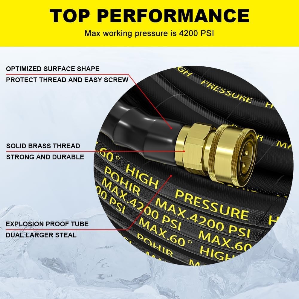Pressure Washer Hose 50 ft Steel Wire Braided Kink Resistant 4200 PSI