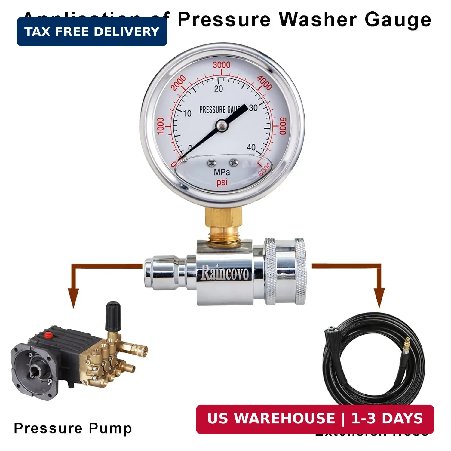 Raincovo Pressure Washer Gauge, 6000 PSI, 3/8 Inch Quick Connect, Pressure Gauge