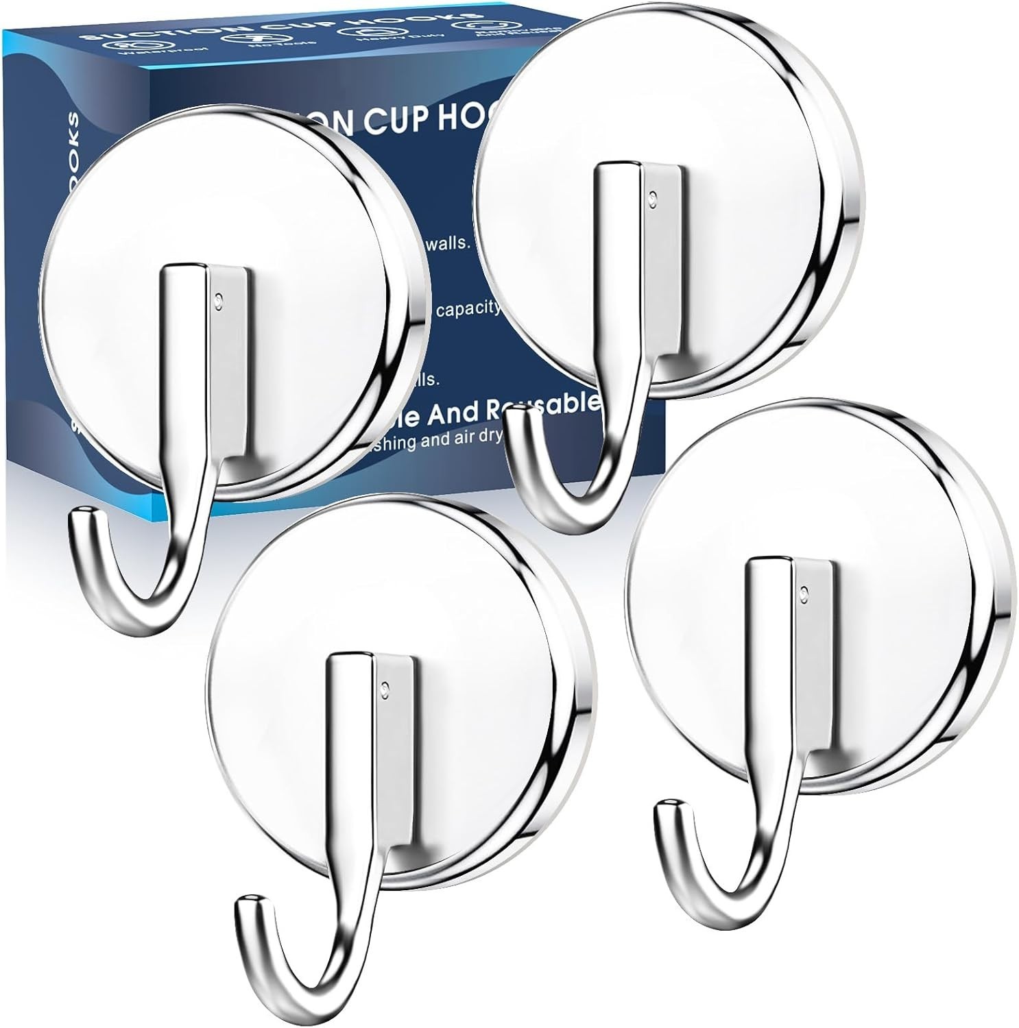 Chrome Suction Cup Shower Hooks for Glass, Tile, and Metal (4 Pack)