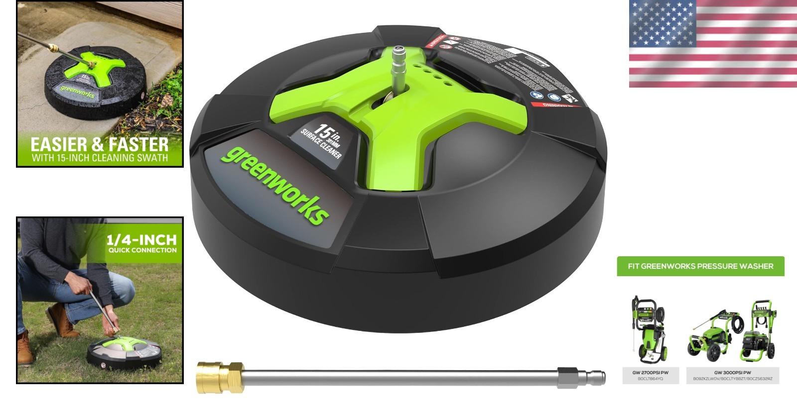 High-Pressure 15″ Surface Cleaner – Compatible with Most Pressure Washers, Green