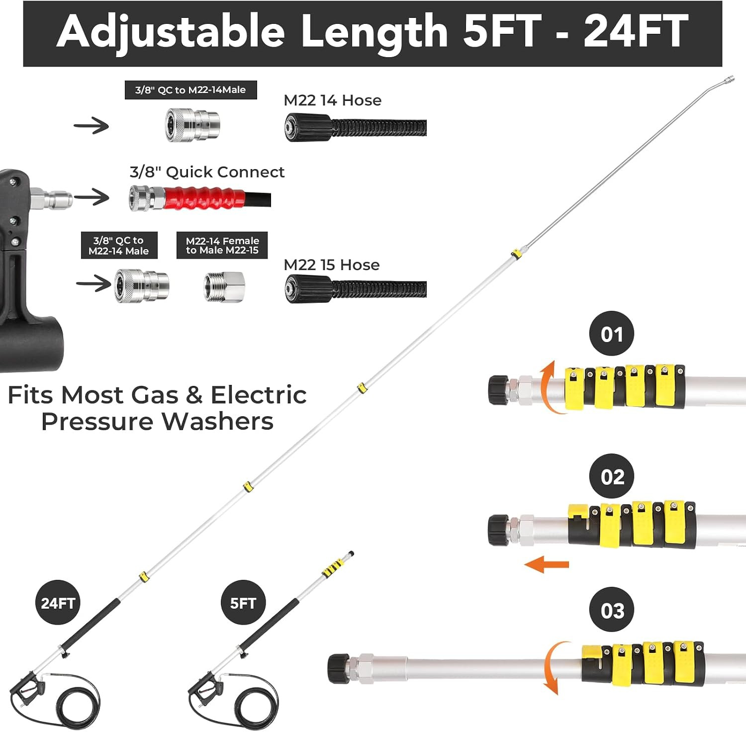 24 FT Telescoping Pressure Washer Wand with 4 Dusters for House Cleaning, 4000PS