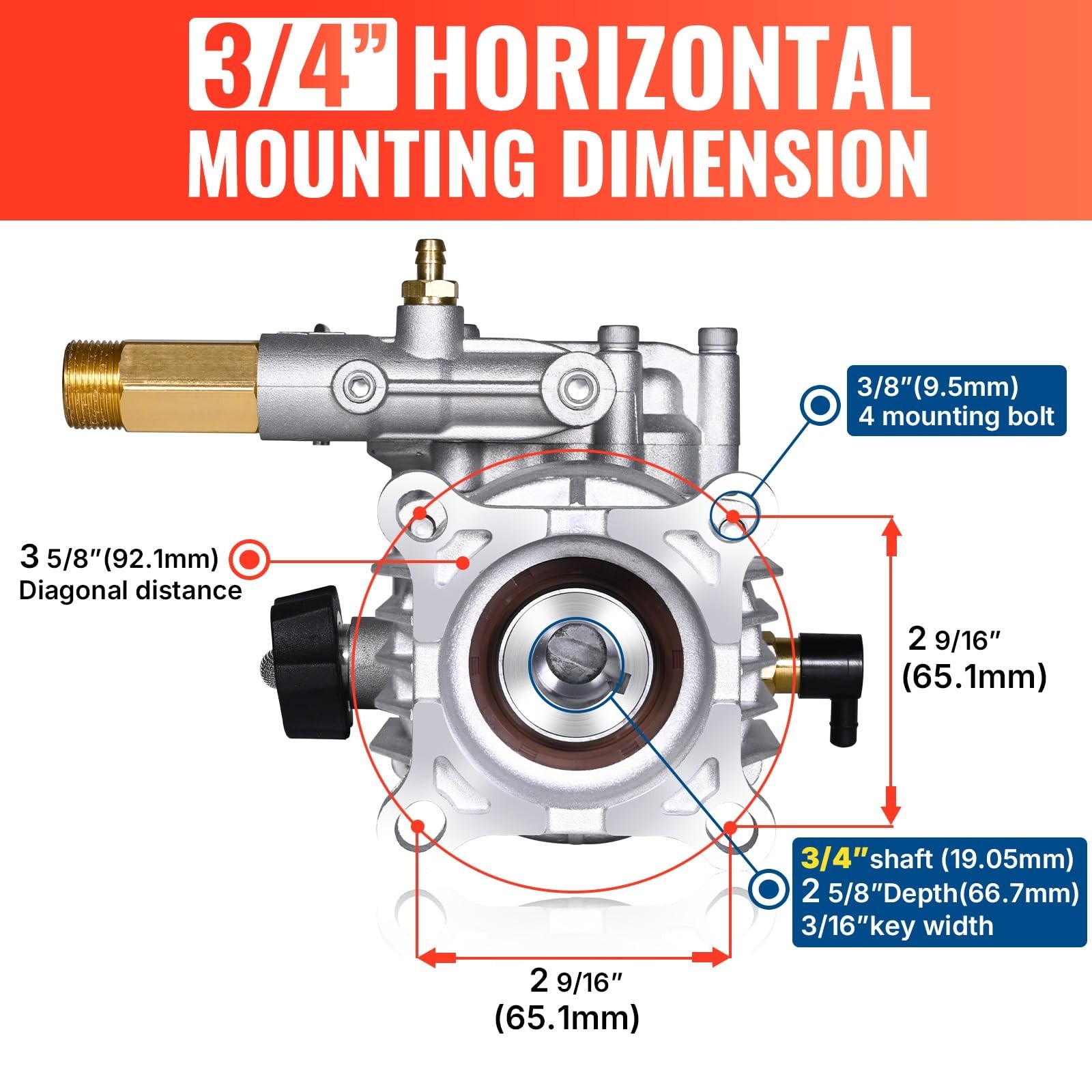 3/4″ Shaft Horizontal Pressure Washer Pump 3400 PSI 2.5 GPM Replacement for Powe
