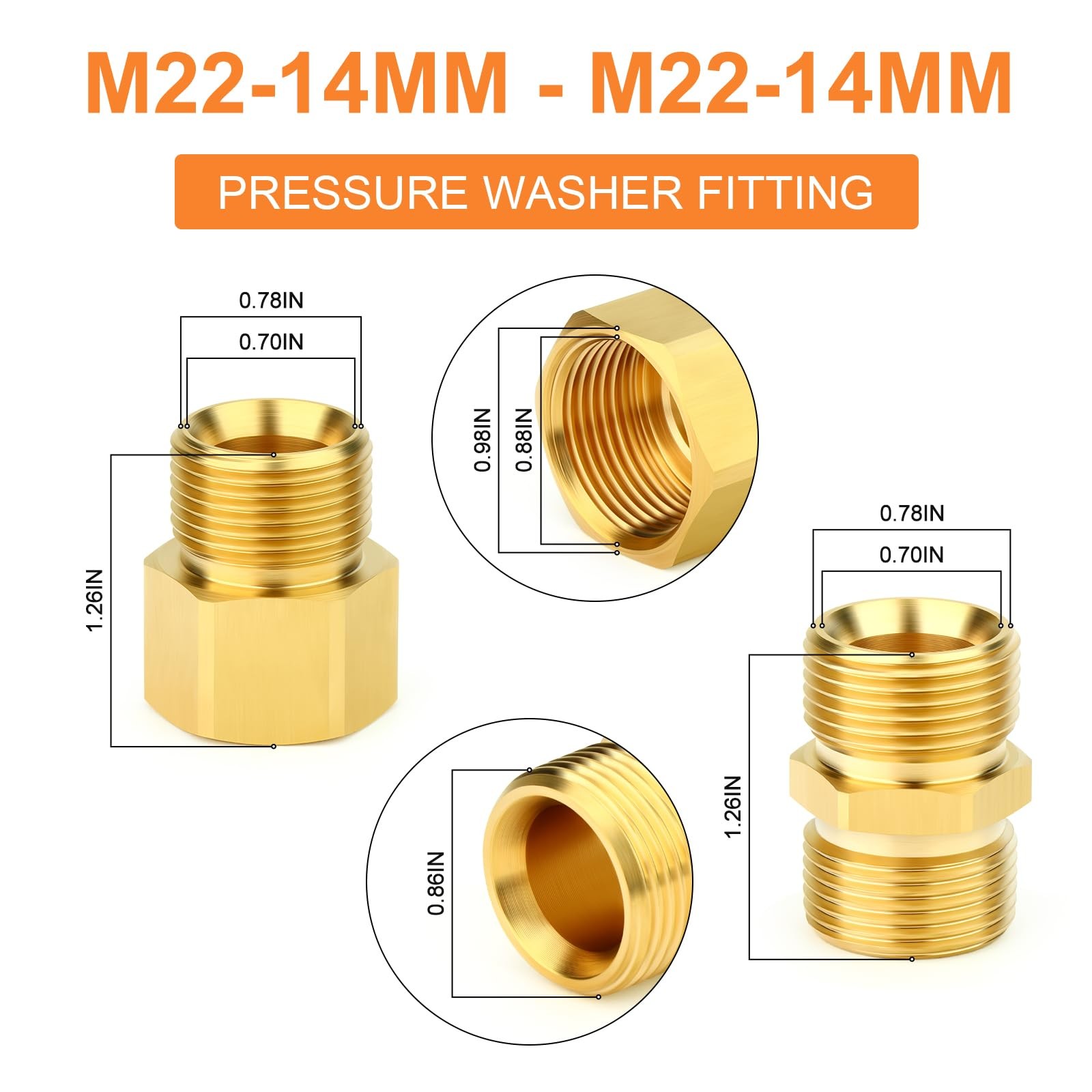 4 PCS Brass M22 Pressure Washer Fitting 14mm Male Female Hose Connector