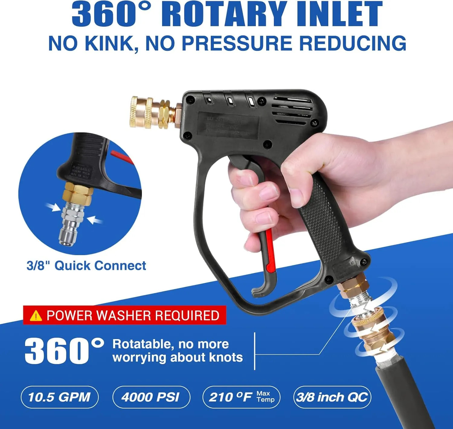 Short Pressure Washer Gun 4000 PSI 10.5 GPM With 3/8 Inch Quick Connect M22 A…