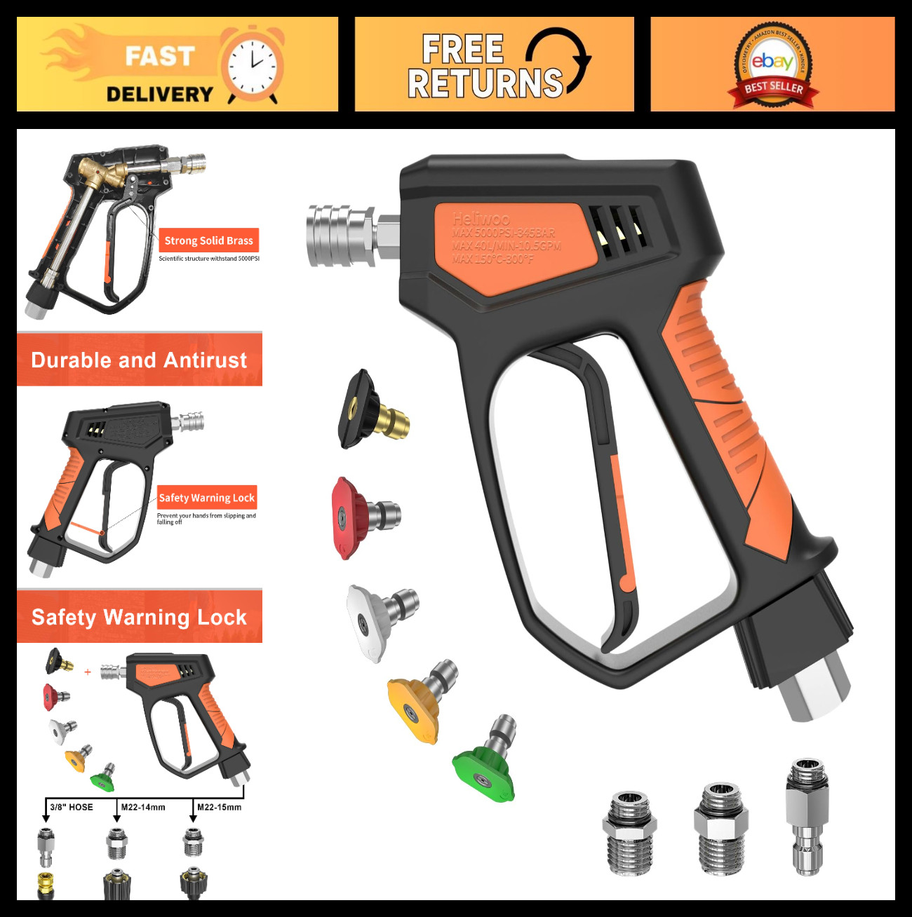 High-Pressure Washer Gun 5000 PSI, 10.5 GPM, 3/8″ Swivel Plug, M22 Fittings, 5 N