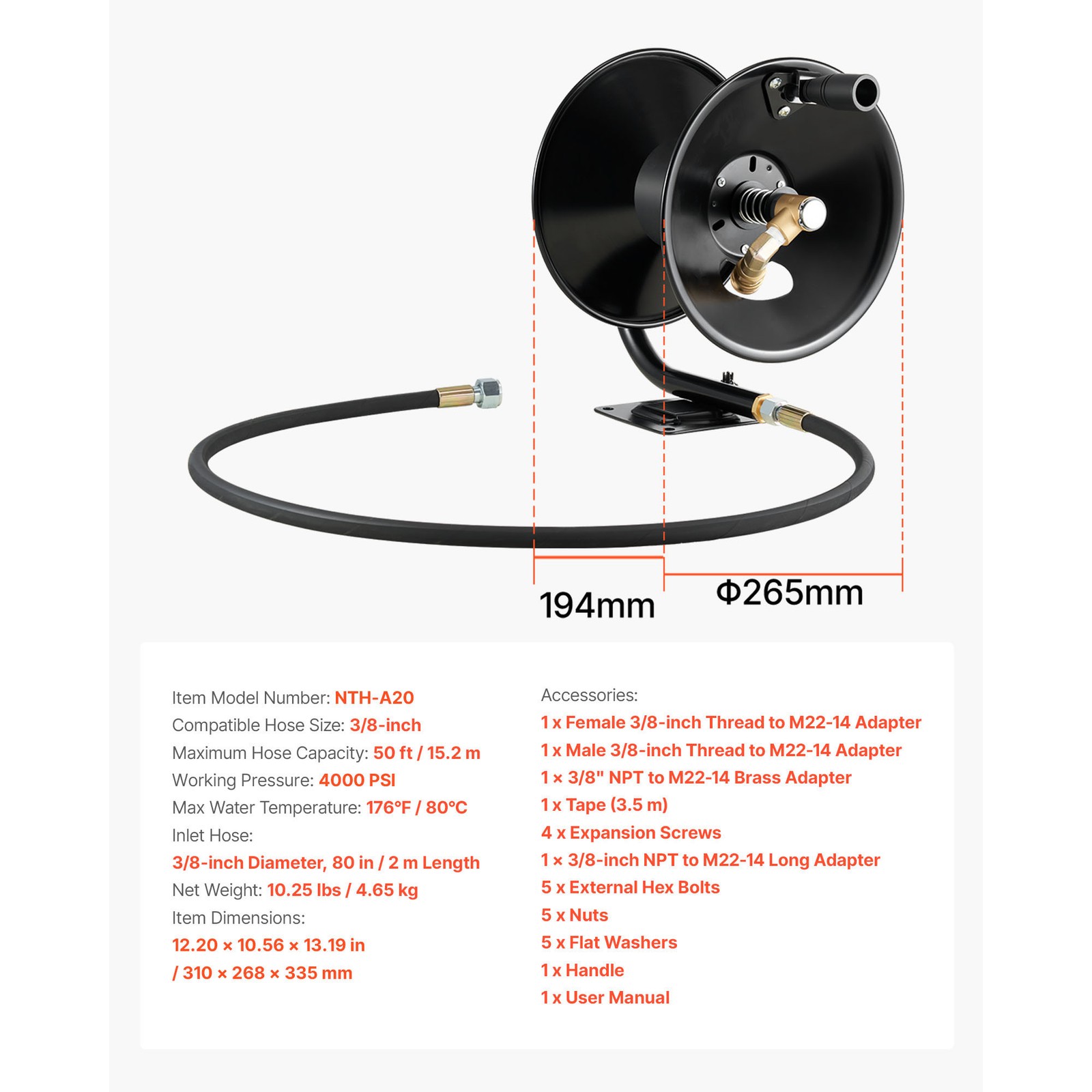 Uimoso Pressure Washer Hose Reel 50 ft x 3/8 inch Steel Mount 4000 PSI