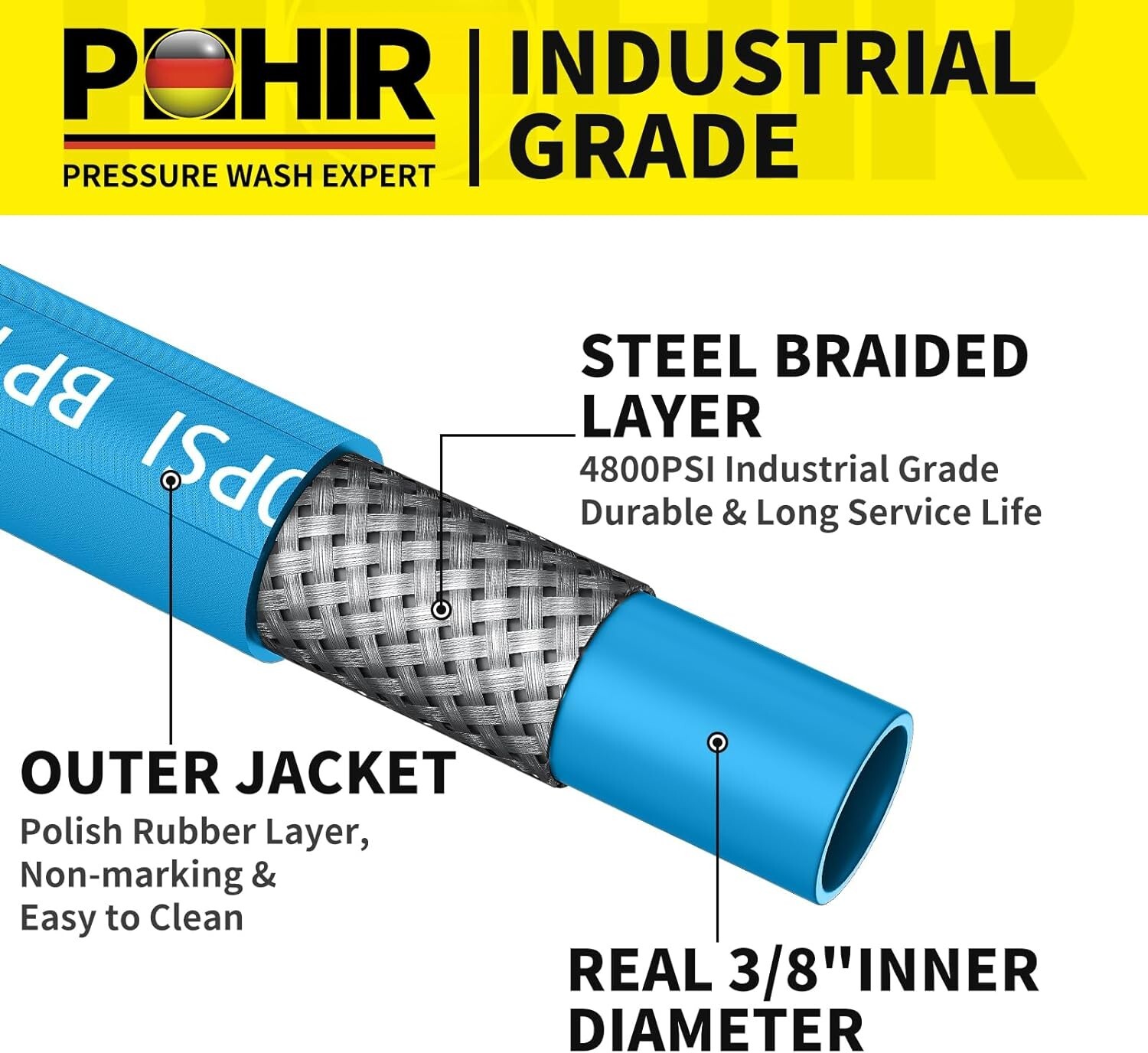 POHIR 50FT 3/8″ Pressure Washer Hose 4800PSI Flexible Power Wire Extension Hose