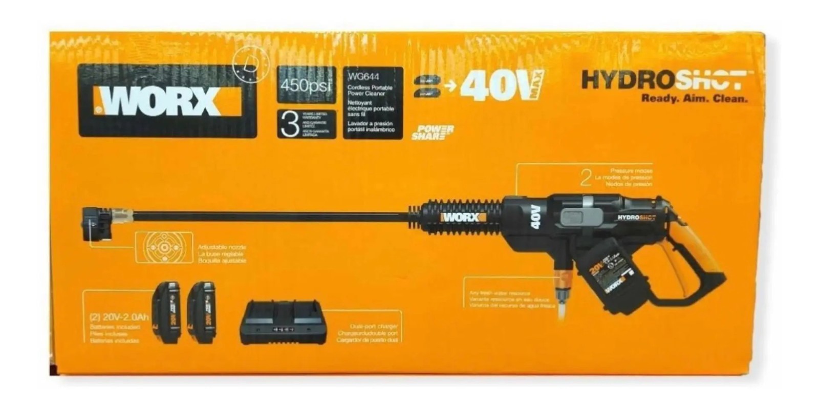 WORX HydroShot WG644 40V Cordless Power Cleaner, Adjustable Nozzle, 450 PSI