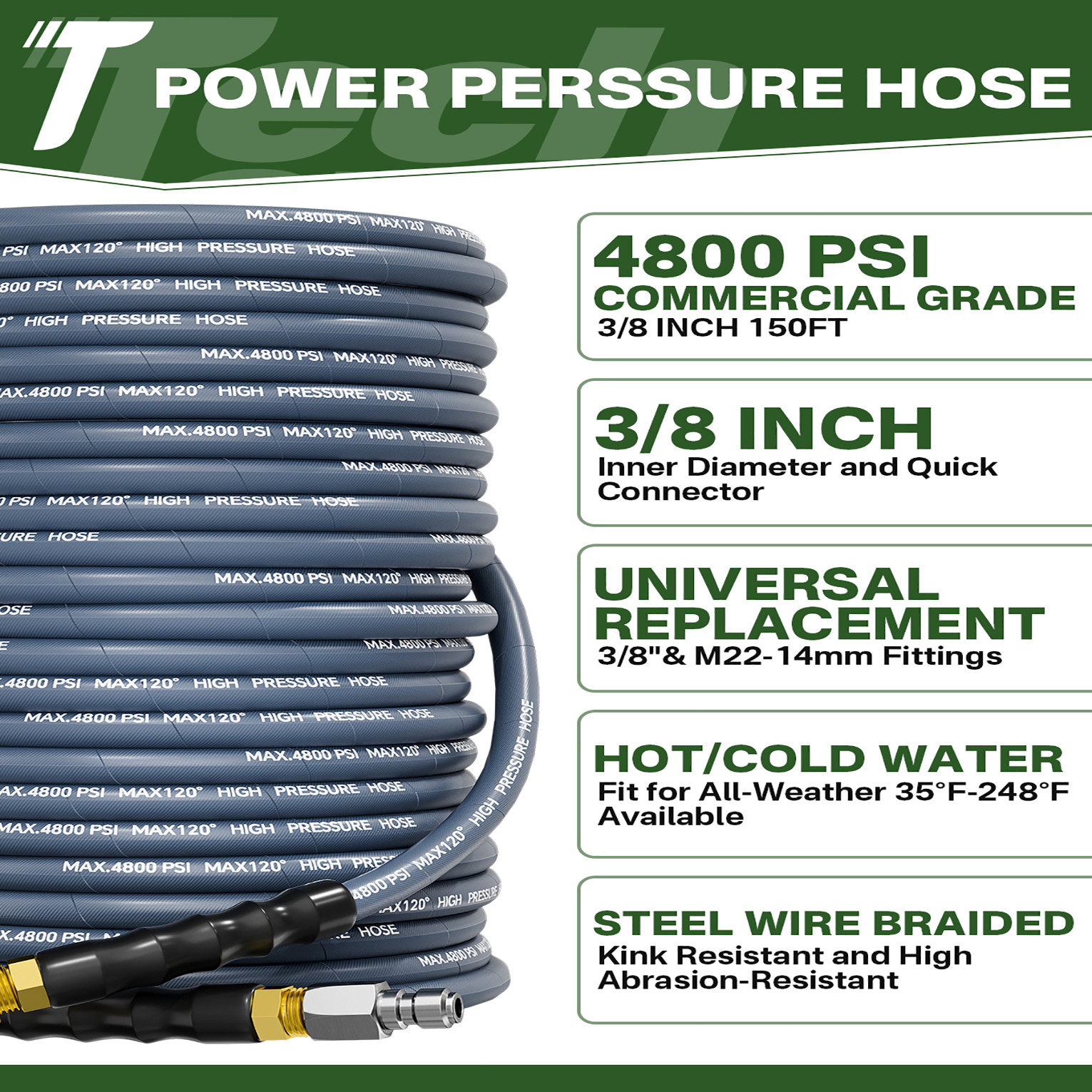 150FT 4800PSI Pressure Washer Hose 3/8″ Wire Braided Kink Resistant Power Hose