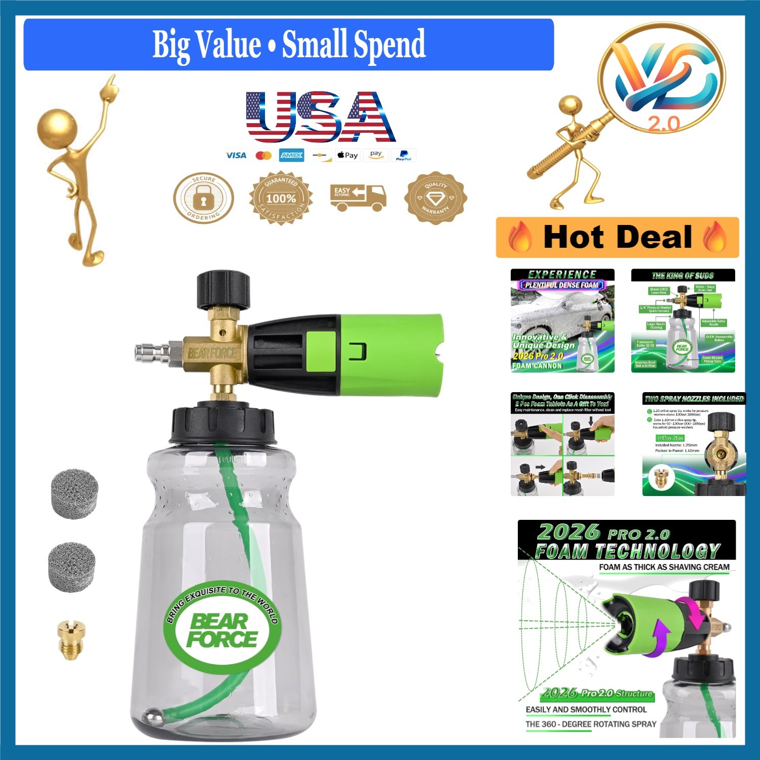 Brass Foam Cannon for Pressure Washers 34oz Car Snow Foam Blaster