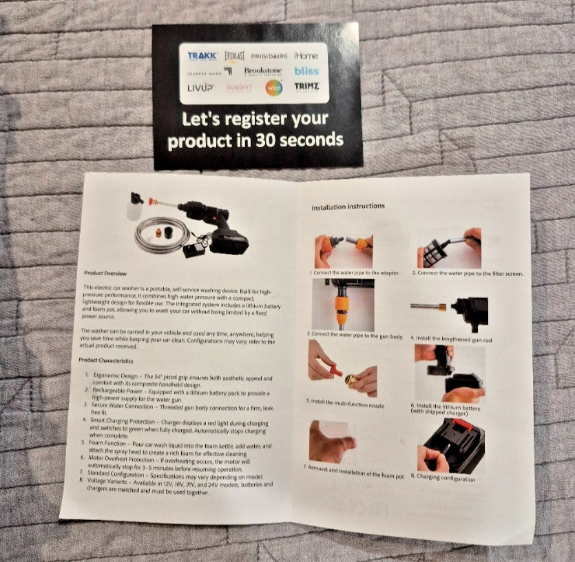 Brookstone Portable Cordless High Pressure Water Spray Gun Car Washer Cleaner