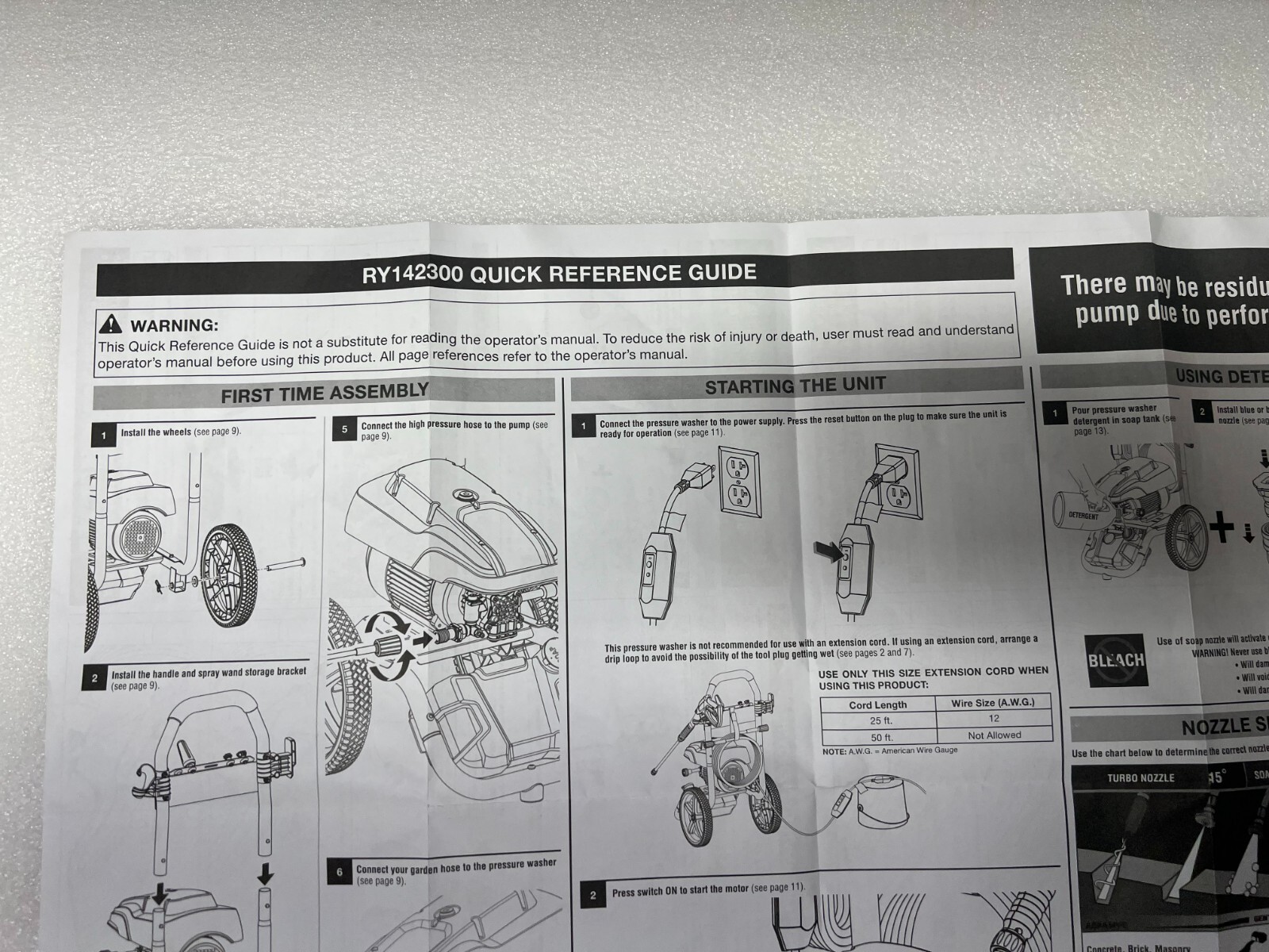 RYOBI Quick Reference Guide Manual & Chart RY142300 PSI Electric Pressure Washer