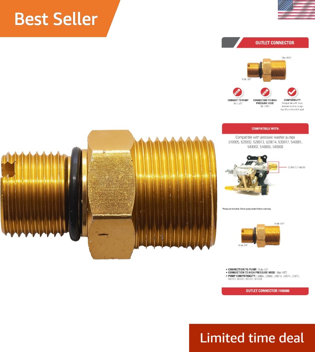 Cleaning Outlet Connector for Gas Powered Pressure Washer Pumps, Gold