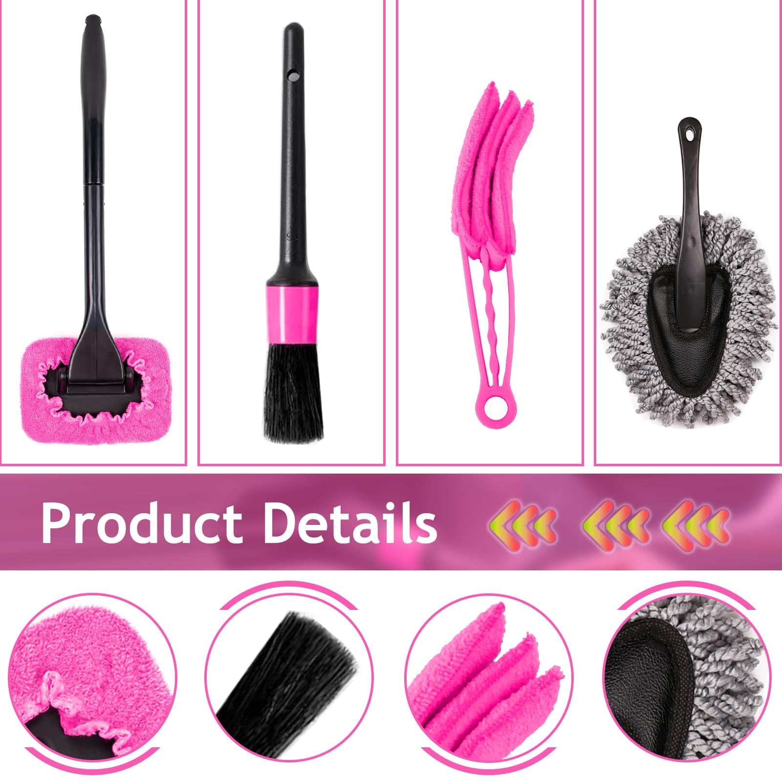 Pink Car Duster Interior Kit Detailing Brushes for Windows Dashboard Air Vents