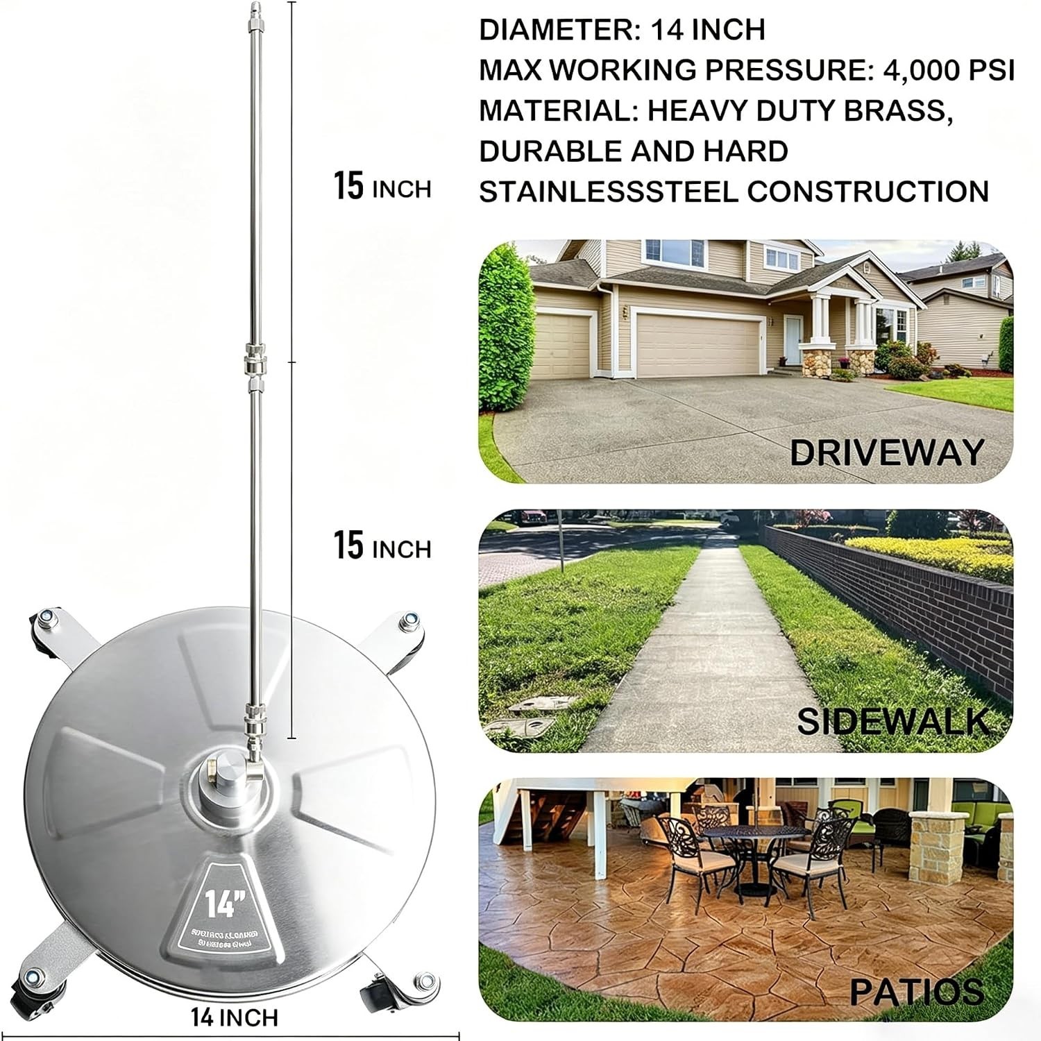 Effortless 14″ Surface Cleaner with 4 Wheels – Perfect for Patios & Driveways