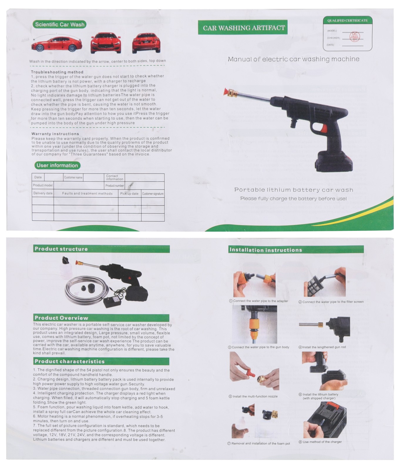 30 Bar Cordless Car Wash Gun 2 Lithium Batteries 6 in 1 Nozzle Foam Cannon Kit