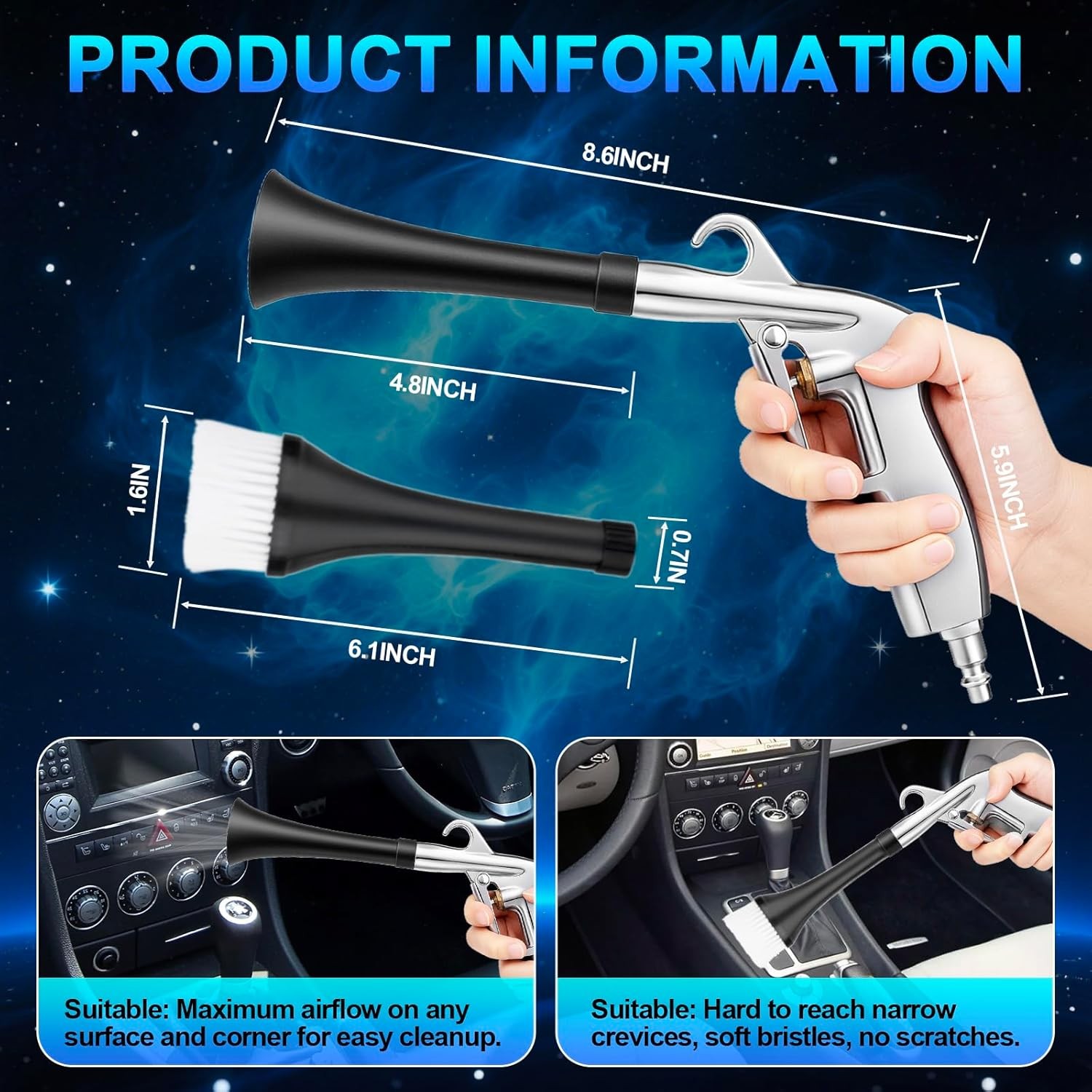 Car Dust Blower Gun Nozzle Dual Tool for Dashboard Carpet Engine Dirt Cleaning
