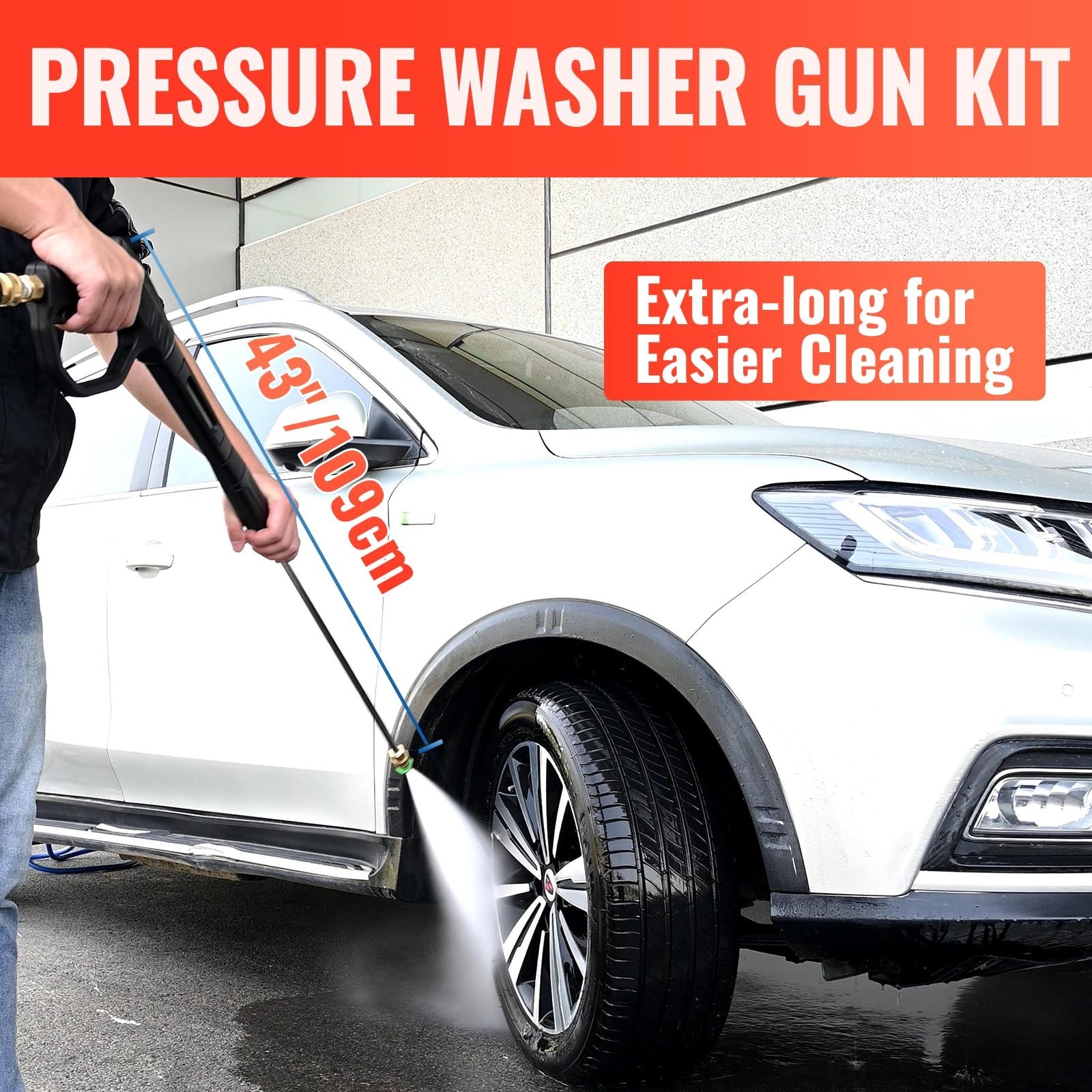 Pressure Washer Gun Wand with Swivel 3/8″ Plug & M22 Coupler – 43″ Ergonomic Ext