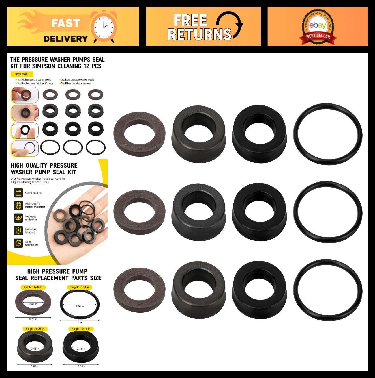 Washer Pump Seal Kit for Pressure Washer – 12 Pcs Low/High Pressure Leak Prevent