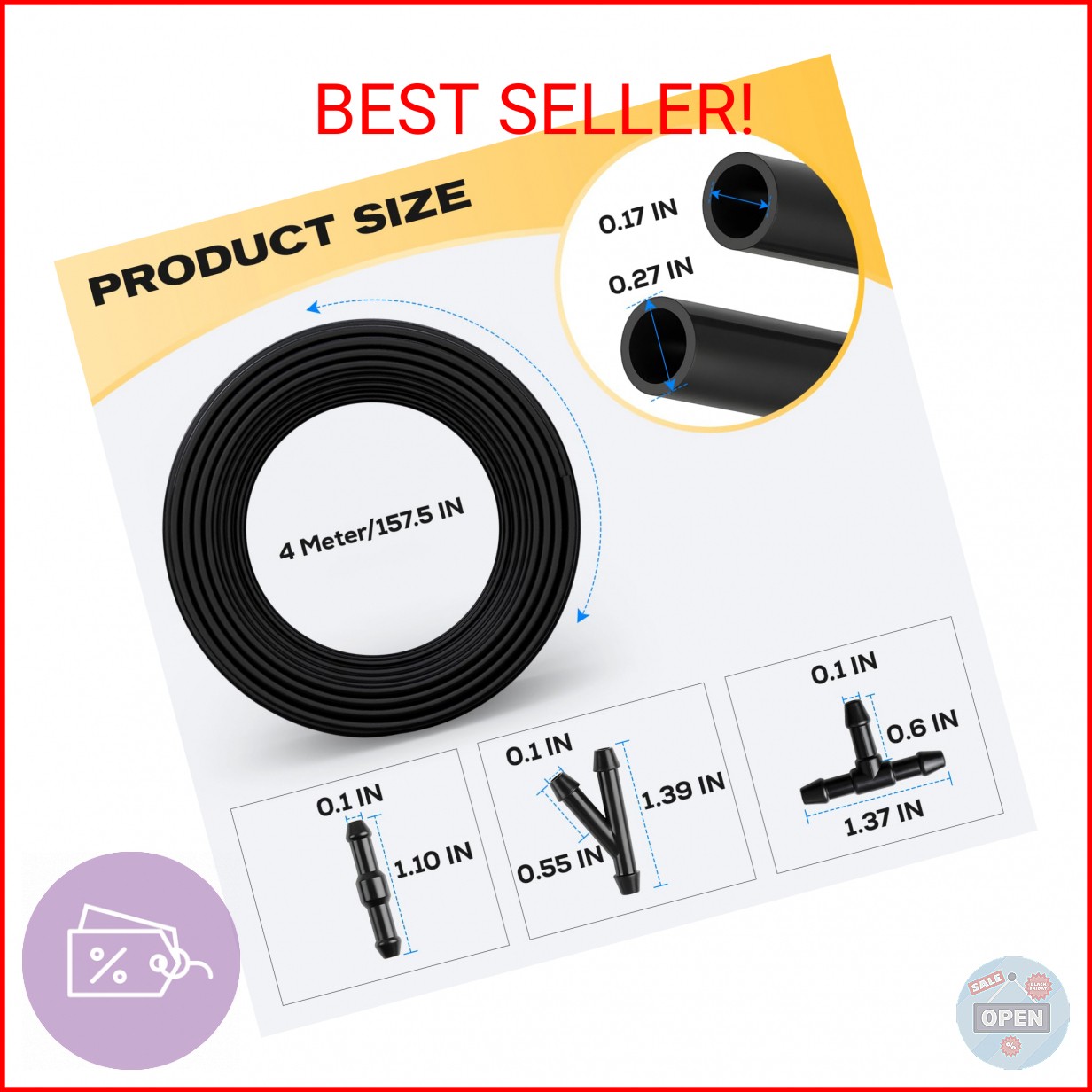 Windshield Washer Hose Kit, 4M Flexible Durable Rubber Washer Fluid Tubing & 30