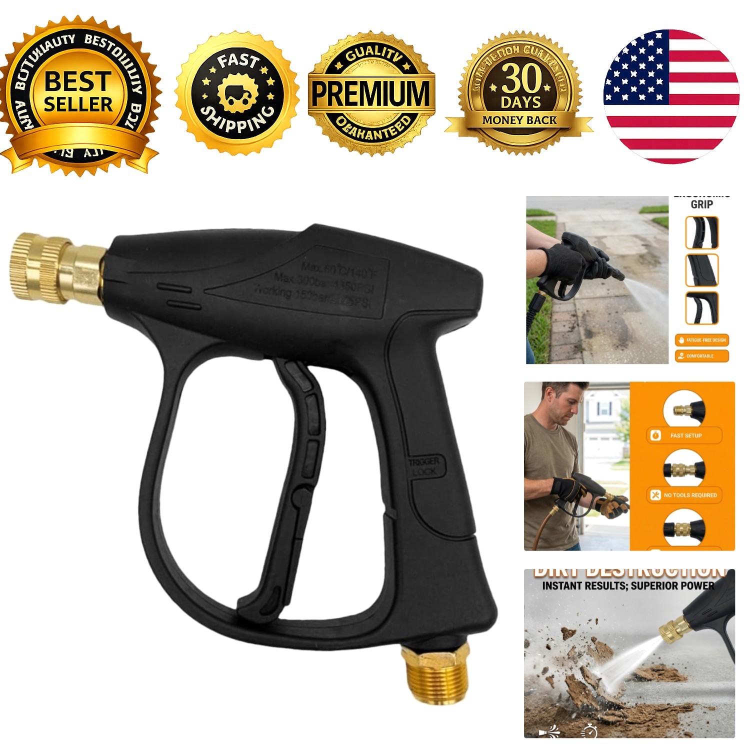 High Pressure Washer Gun 4350 PSI Car Cleaning Sprayer 1/4 Quick Connect M22-14