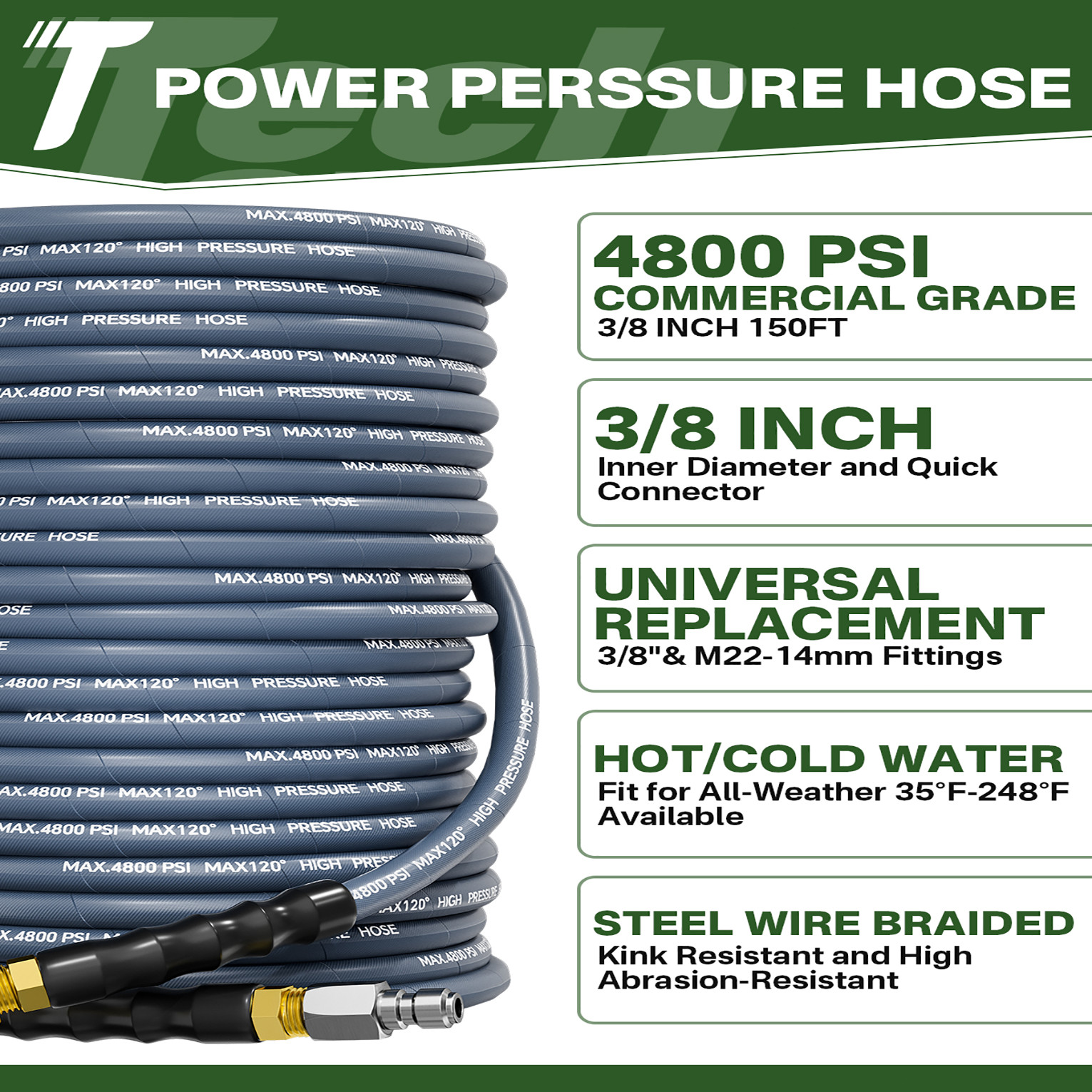150FT 3/8″ Pressure Washer Hose 4800PSI Kink Resistant Power Hose Quick Connect