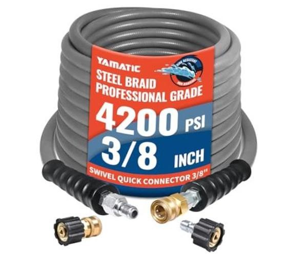 Pressure Washer Hose 50 FT, True 3/8″ID,4200 PSI, 250°F Premium Fittings 50FT