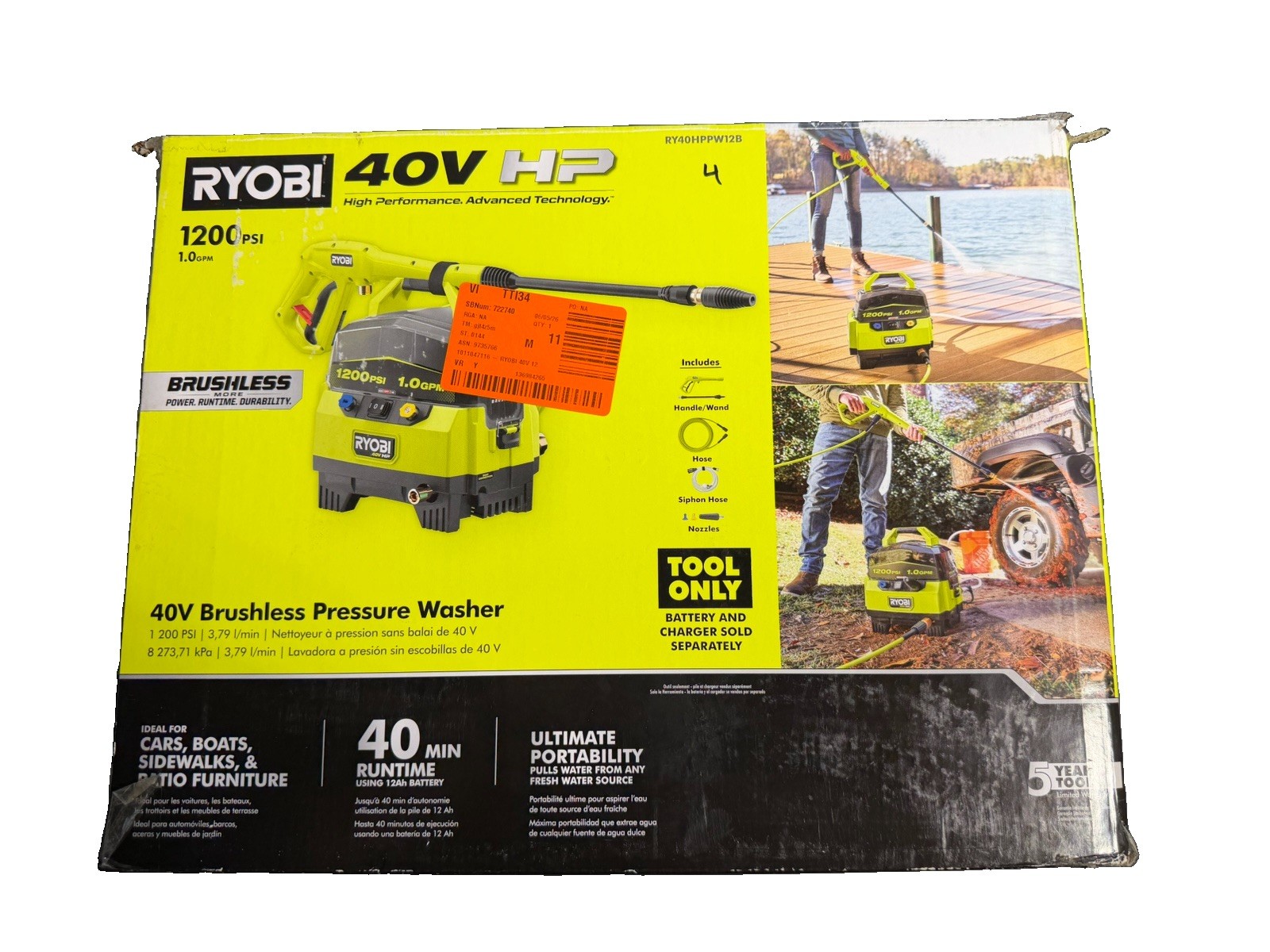 RYOBI RY40HPPW12B 40V HP 1200 PSI Brushless Pressure Washer Tool Only OB