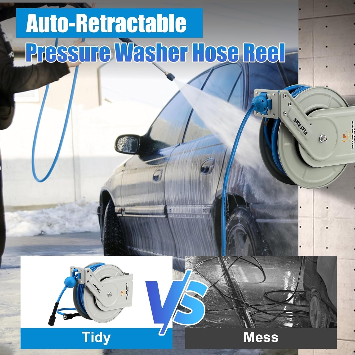 60ft Pressure Washer Hose Reel, Auto Rewind, 3600 PSI Heavy Duty