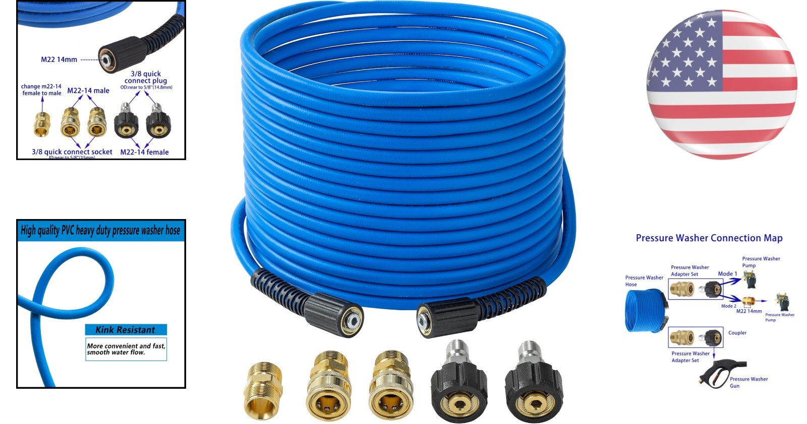 Multi-Purpose 50 FT Kink-Resistant Pressure Washer Hose with M22 Compatibility