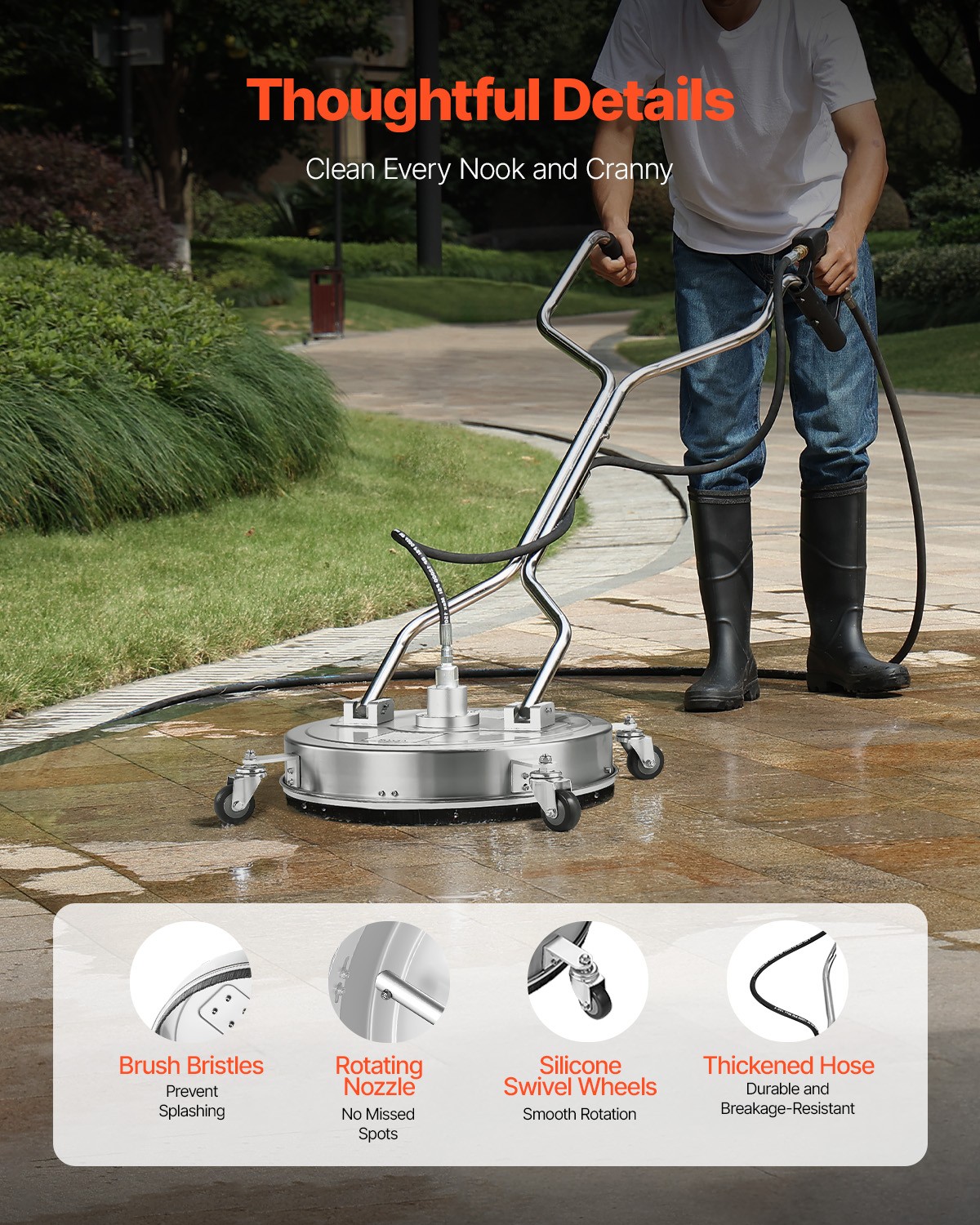21″ Pressure Washer Surface Cleaner 4 Wheels Dual Handle 4500 Max PSI