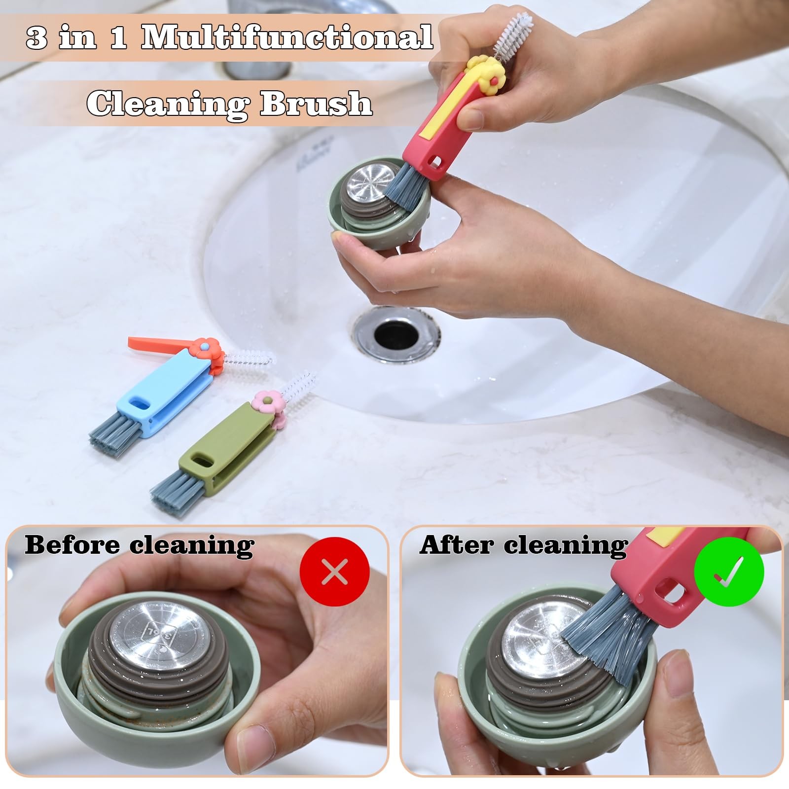 3 in 1 Cup Lid Cleaning Brush, Multifunctional Crevice Red Blue Green