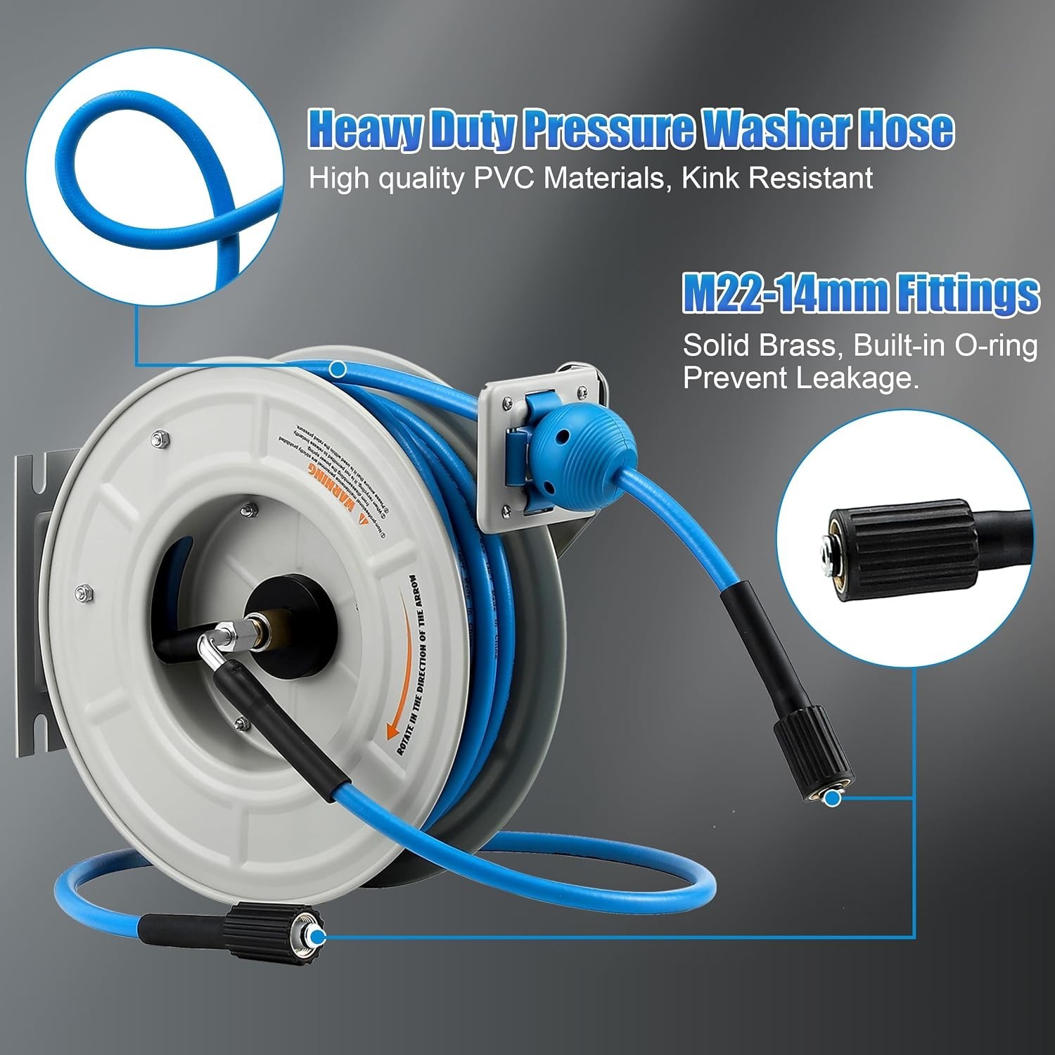 60ft Pressure Washer Hose Reel, Auto Rewind, 3600 PSI Heavy Duty