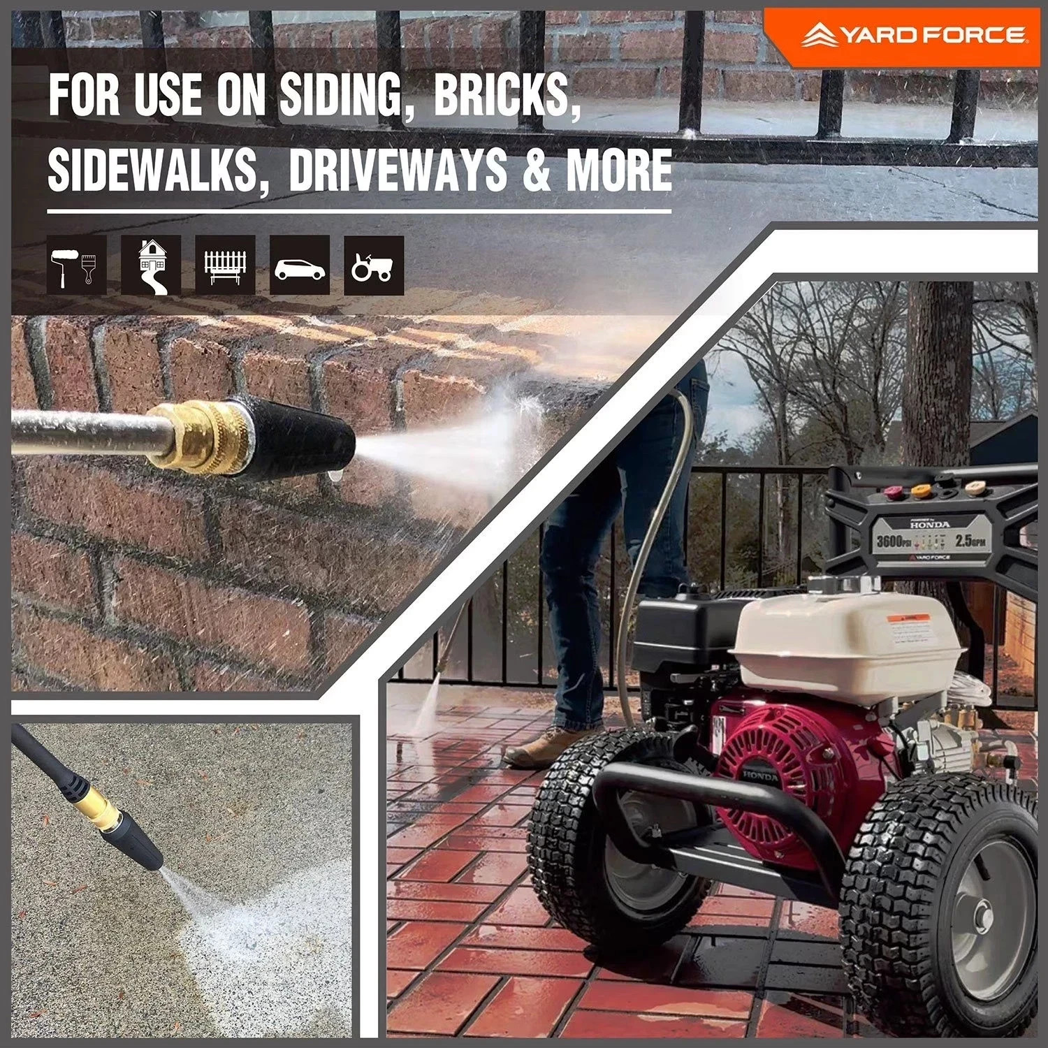 Yard Force 3600PSI 2.5GMP Honda GX200 196cc Gas Pressure Washer with high perfor