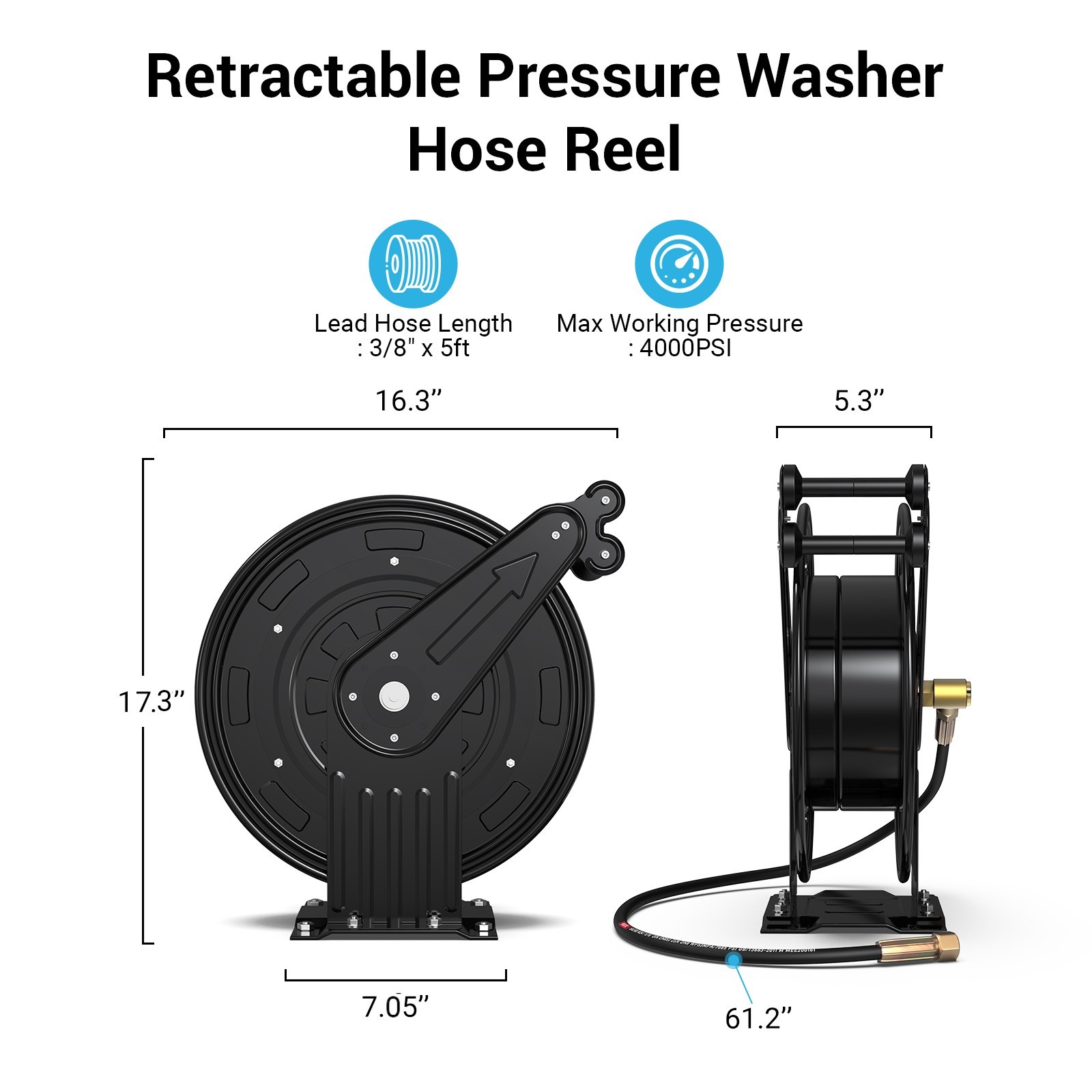 Retractable Air Hose Reel 3/8 IN x 50 FT Hybrid Enclosed Air Hose 300 PSI